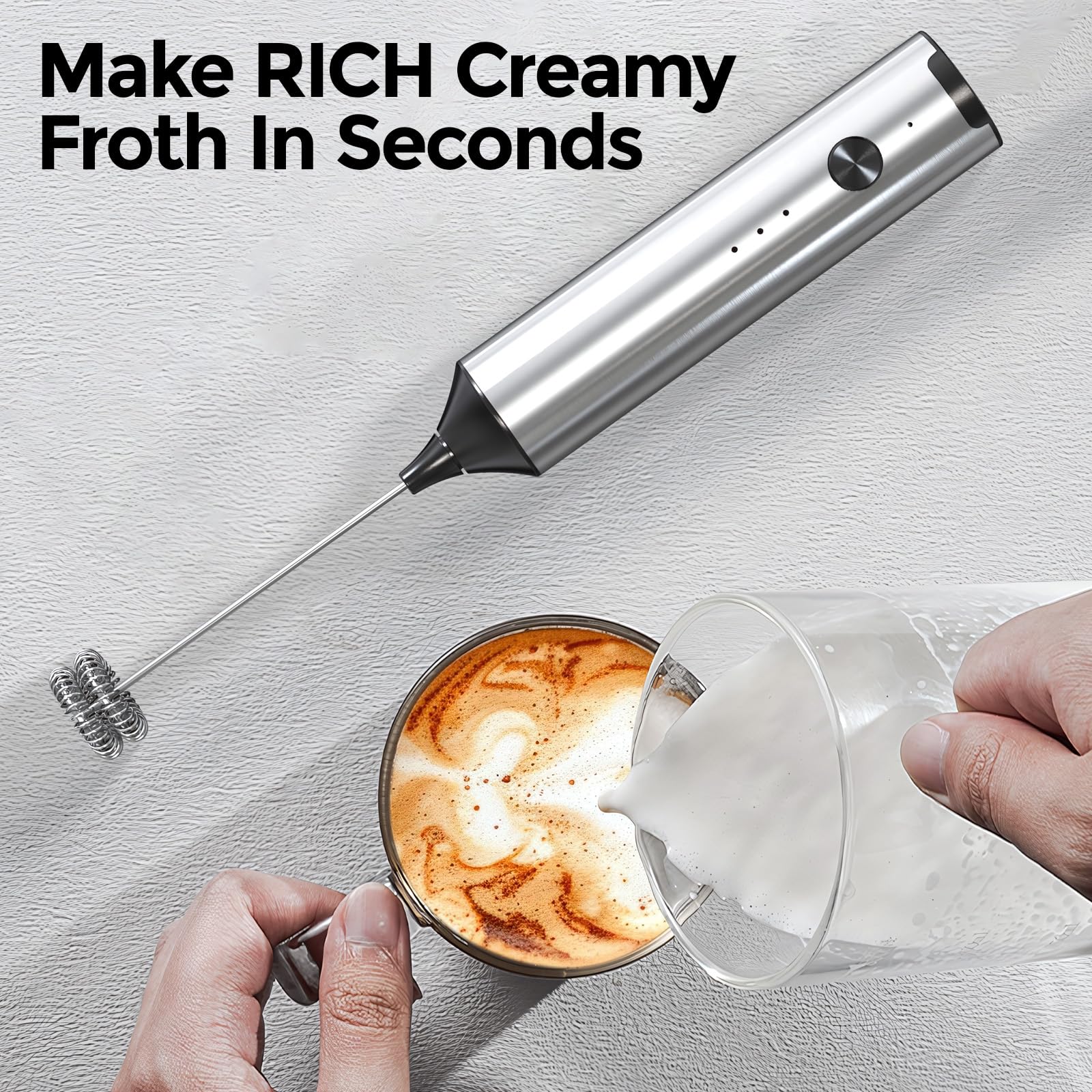 Espumador de leche de mano recargable de acero inoxidable con soporte, batidor eléctrico ajustable de 3 velocidades con 2 batidores de acero inoxidable, mezclador de bebidas para café 8