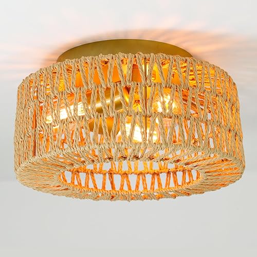 Lámpara de techo de ratán de montaje empotrado, 3 luces bohemias, lámpara bohemia dorada, lámpara de ratán para sala de estar, pasillo, dormitorio,