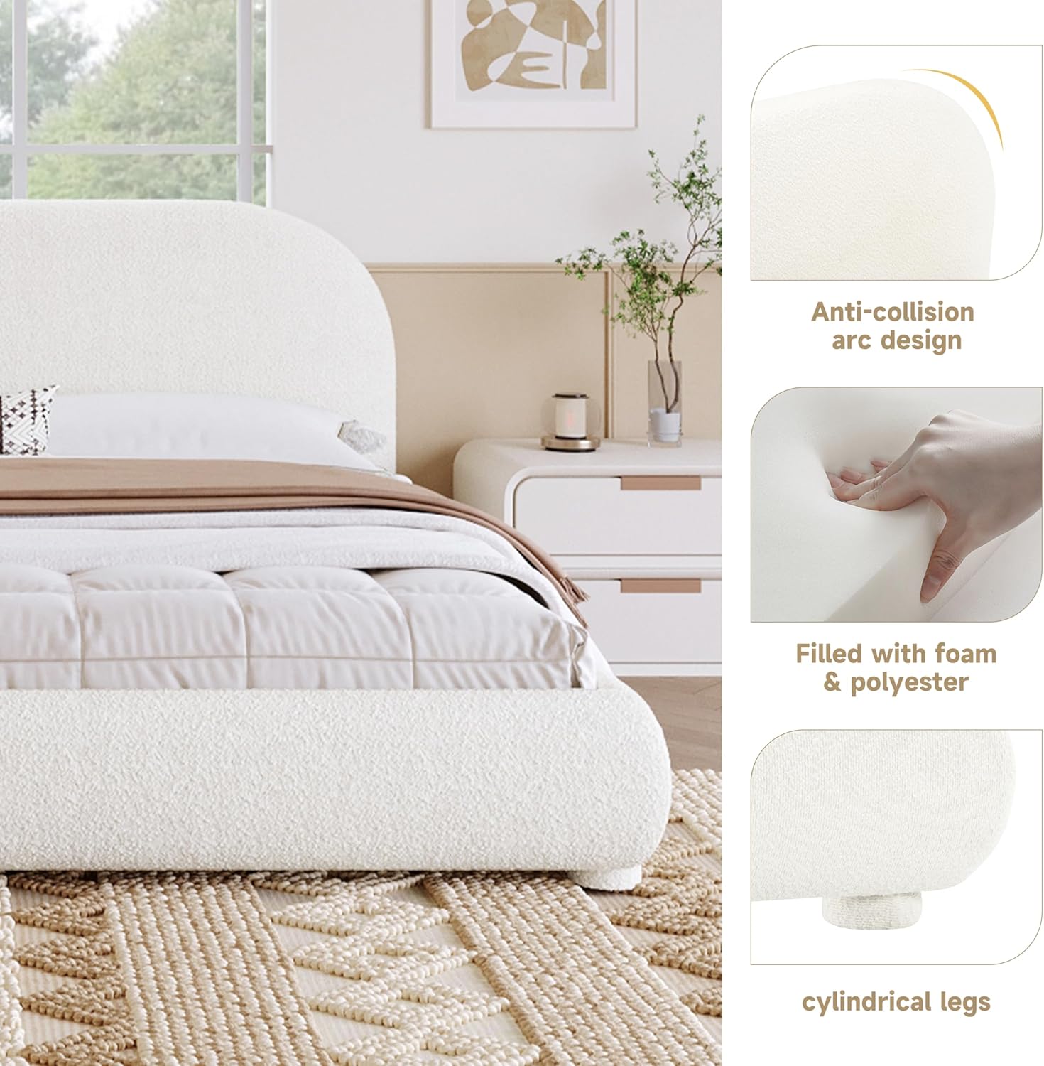 Curve-Shaped Upholstered Platform Bed with Curved Shaped Headboard, King Size Wood Bed Frame for Kids Adults Bedroom Furniture, Velvet Thick Fabric Upholstered Bed Grounded Bed (Cream, King)