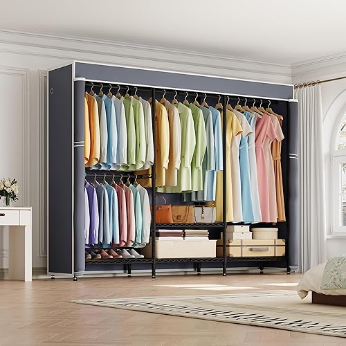 Miniatura 6 de H8 Perchero resistente para ropa con cubierta, perchero para vestuario cubierto con estantes, armario de ropa con cubierta, organizador de clóset