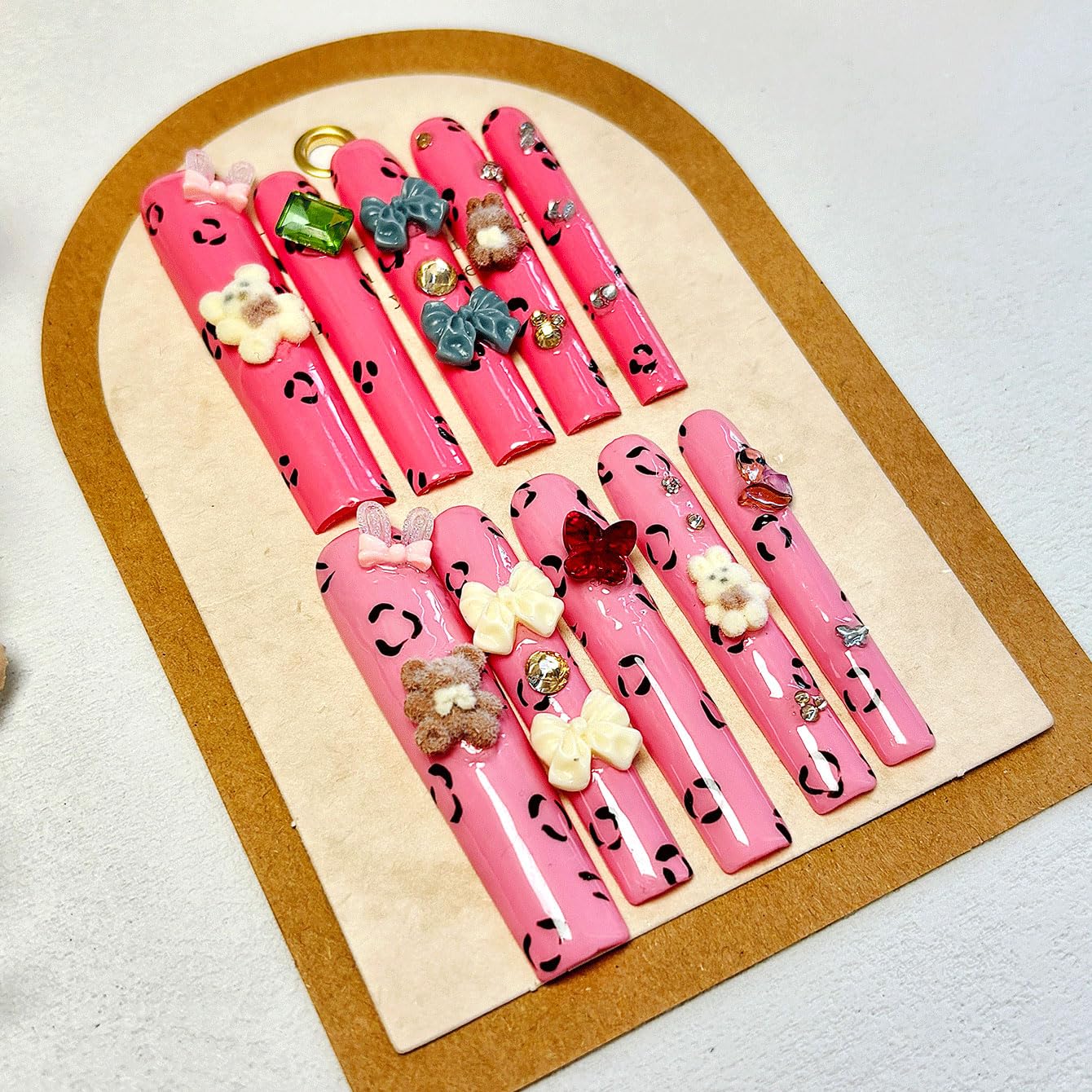 Long Square Pink Press on Nails -Cute Decorative Fake Nails with Bowknot for Women