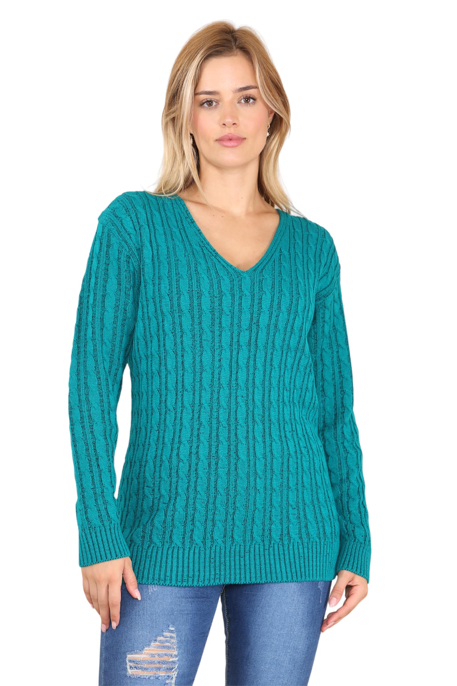 WearAll Women's Plus Cable Knitted Long Sleeve V-Neck Sweater Top Ladies Stretch Jumper - Teal - 20-22
