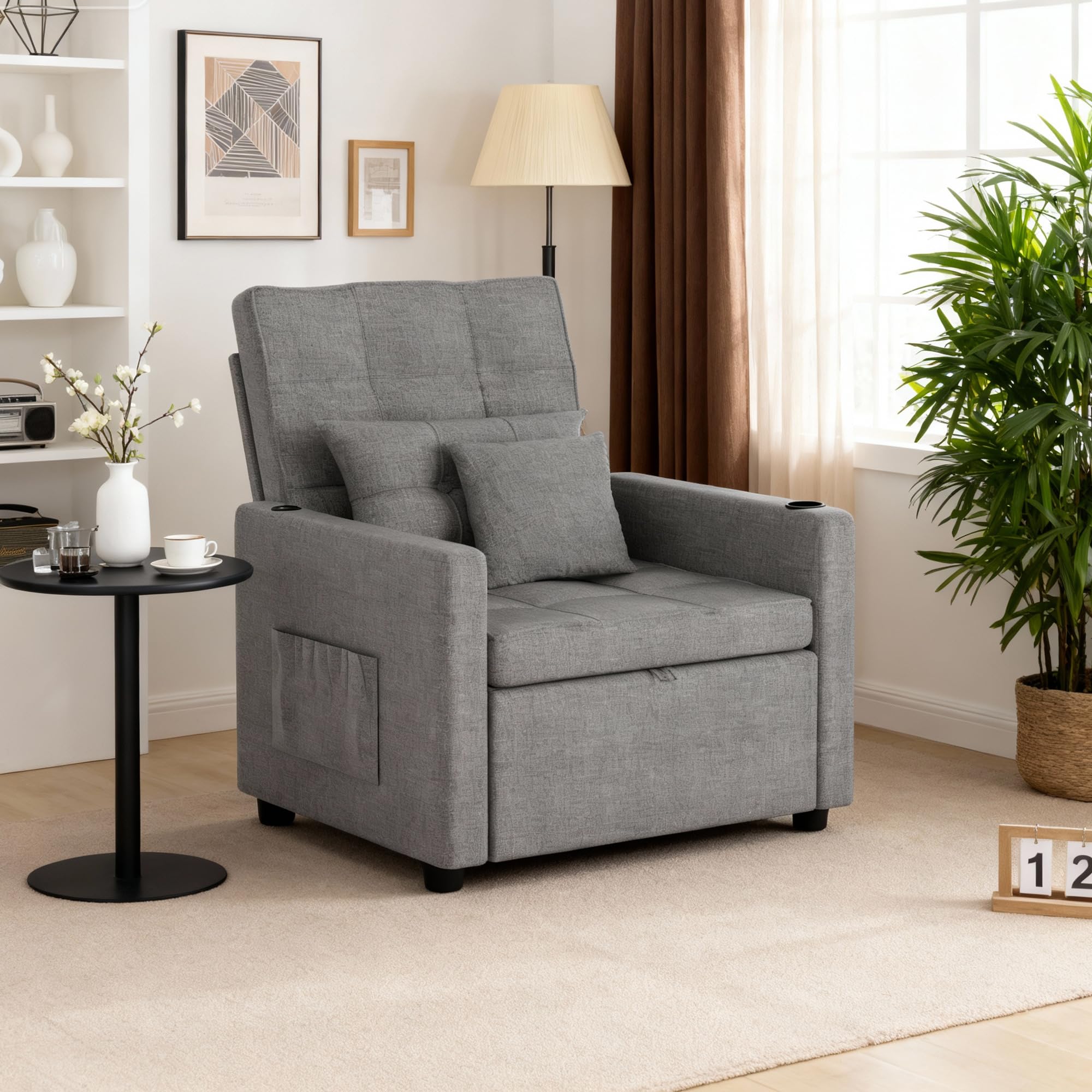 BonVache 3-in-1 Schlafsessel mit Bettfunktion, 5-stufig Verstellbarer Rückenlehne, Schlafsofa mit Kissen und Seitentasche, Schlafcouch mit Getränkehalter und USB- & USB-C-Anschluss, Dunkelgrau