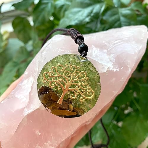 Miniatura 2 de Collar con colgante de orgón curativo de chakras verdes con peridoto verde y ojo de tigre, corazón, 4to chakra, reiki, cristales curativos, piedras