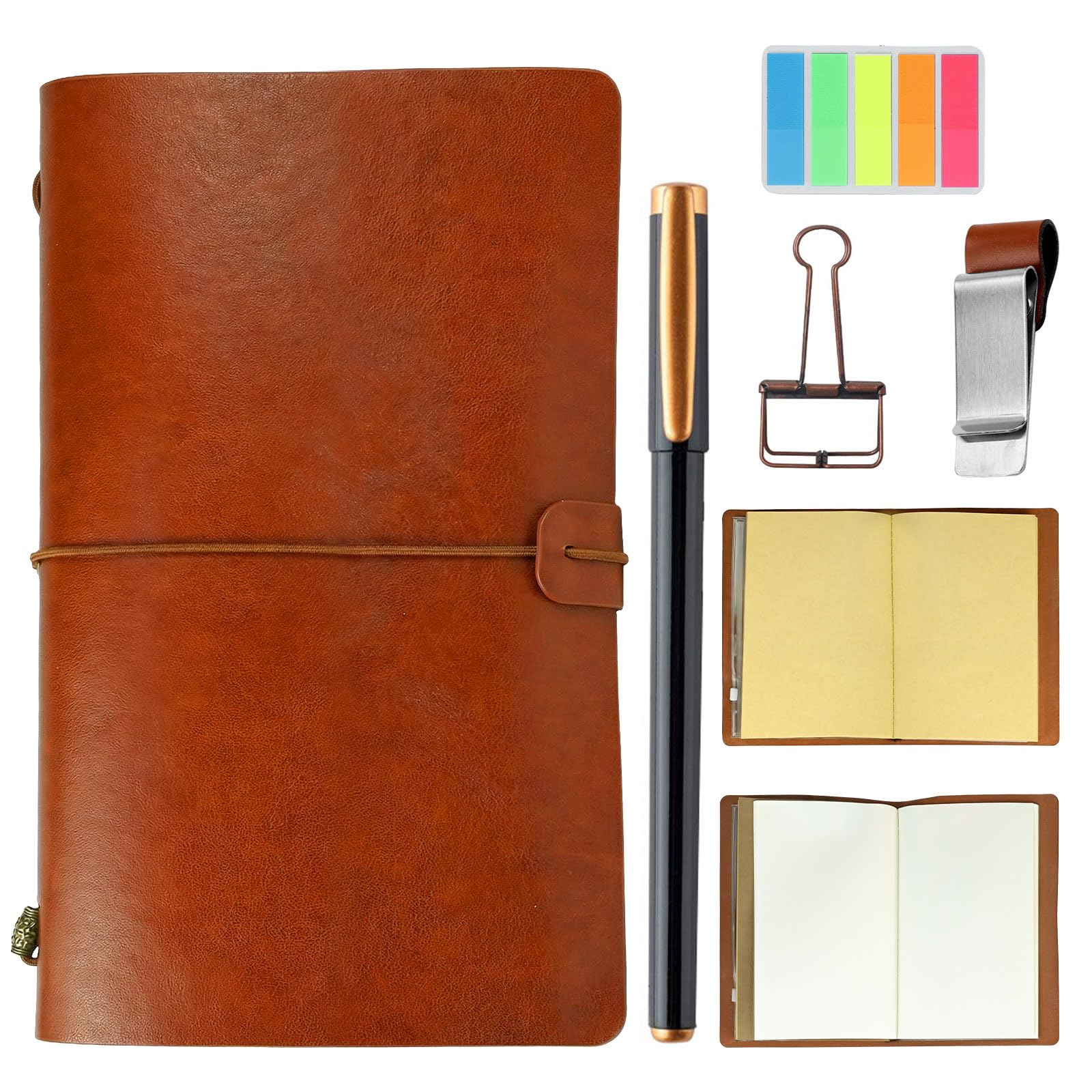 SIMDAO A6 Leather Notebook Journal Set, Travel Journal for Men Women, A6 Travelers Notebook with Blank Paper Kraft Inserts Pen Pen Clip Multi-function Pouch, Vintage Notebook, Gifts for Men Women