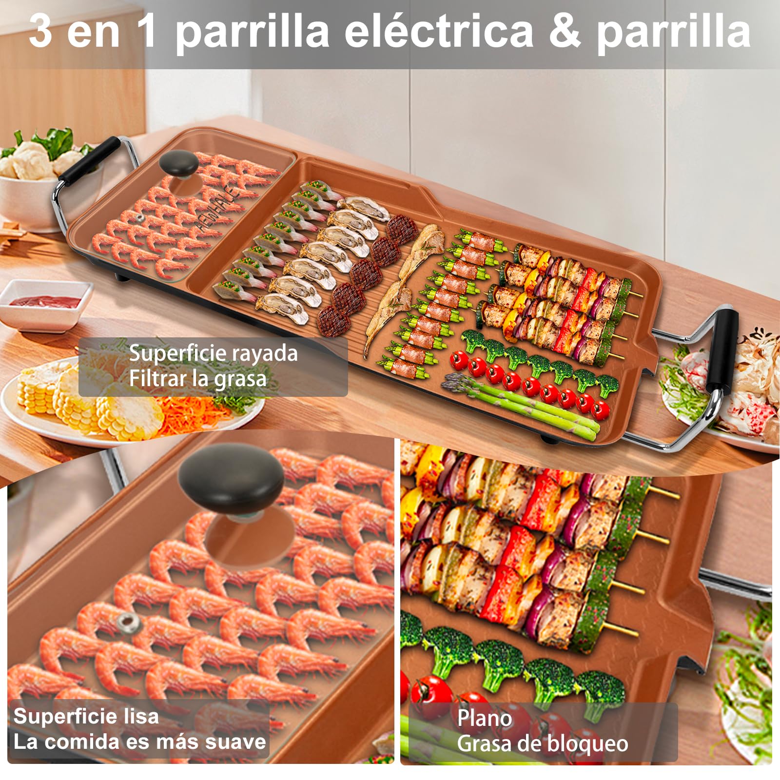 AEWHALE Plancha Eléctrica 3 en 1, 2000 W, Barbacoa Eléctrica Dorado | Adecuado para Uso Tanto en Interiores Como en Exteriores, para 6 Personas, Fácil de Limpiar