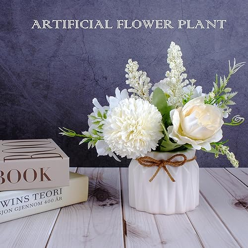Miniatura 2 de Flores artificiales en maceta blancas, pequeño jarrón de cerámica falsas, decoración de escritorio para interiores para el hogar y la oficina,