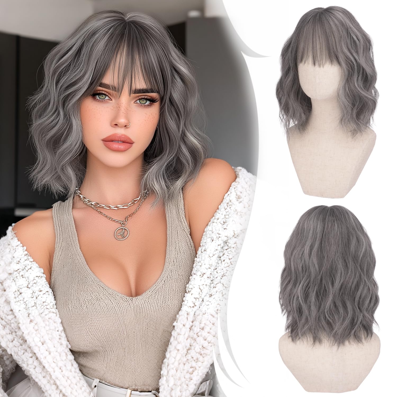 RUWISS Kurze Gewellt Bob Perücke mit Pony Grau 35 cm Synthetische Lockige Haare Perücken Damen für Cosplay Tägliche Party Halloween
