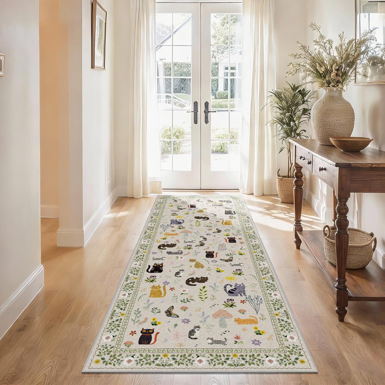 Washable 3x6 Kitchen Runner Rug: Non Slip Soft Low Pile Animal Cat Print Carpet Rugs with Anti-Skid Rubber Backing Waterproof Mats for Indoor Hallway Entryway Bedroom Nursery Laundry Room (3x6,Beige)