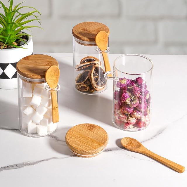Winter Shore Glass Jars with Lids and Spoons [3 Pack] - Reusable Airtight Food Storage Containers with Spoon Holder for Coffee Station, Sugar Jar, Spice Storage, Candy Organiser - 500ml (17 fl. oz)