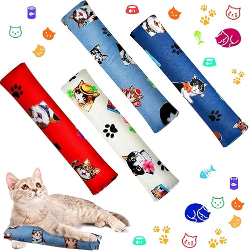 Skylety 4 piezas de juguetes para gatos de 10 pulgadas, juguetes interactivos para gatos con bonitos patrones y hierba gatera para gatos de interior