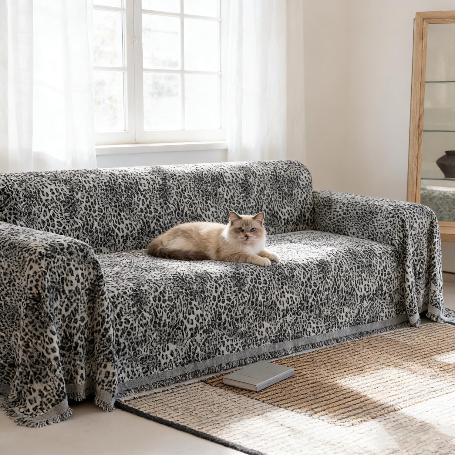 Black Jacquard Leopard Print Chenille Couch Cover 1 Piece, Soft Luxury Washable Pet Friendly Sofa Protector for 2-3 Cushion Couch & L-Shaped Sectionals Living Room 71"×118"