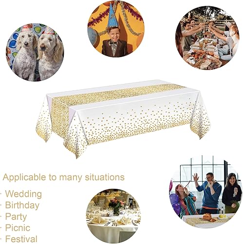 Miniatura 4 de MOLFUJ Mantel de plástico blanco y dorado de 54 x 108 pulgadas para fiesta, paquete de 2 manteles desechables blancos para mesa rectangular de 8