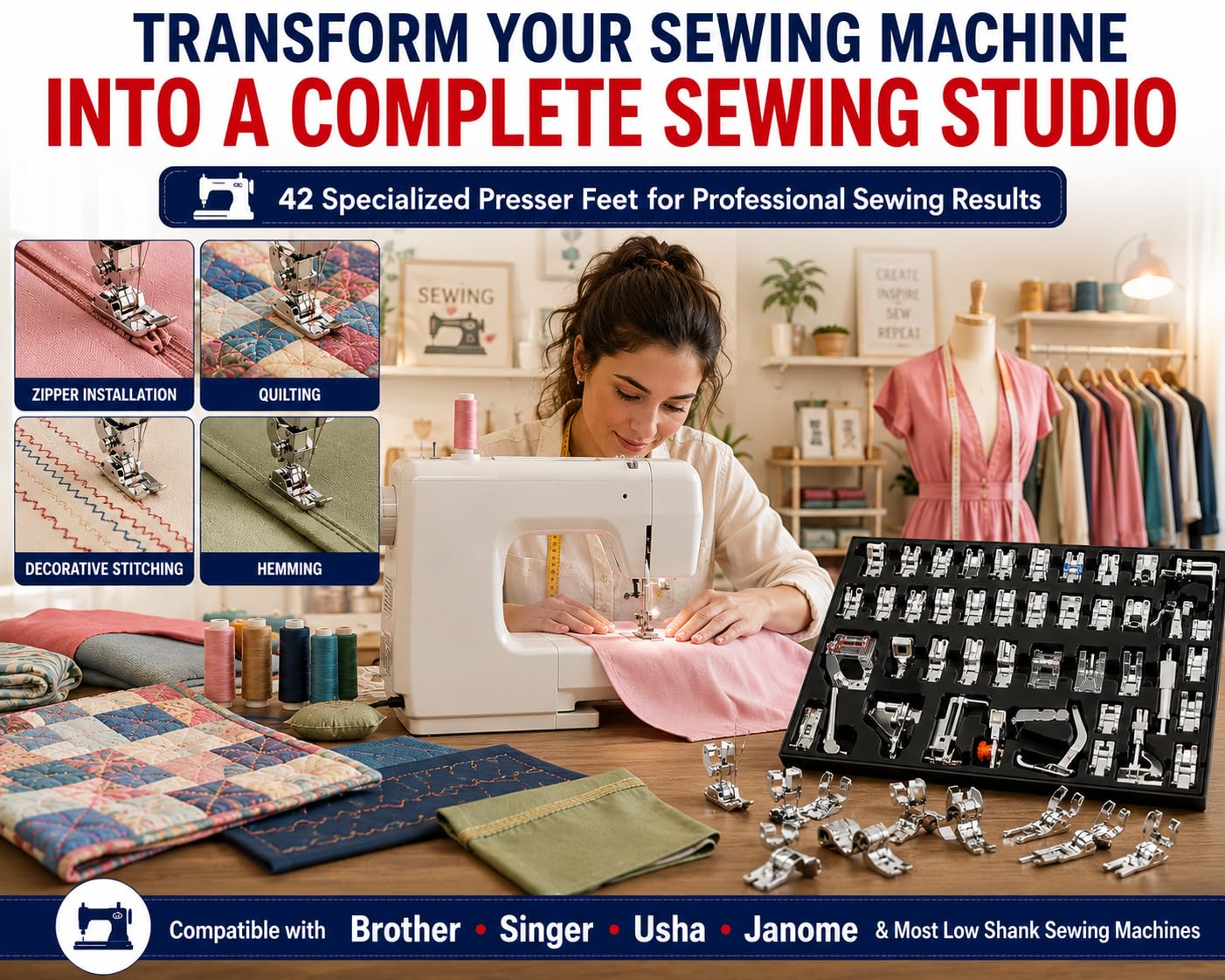 Zenith 42-Piece Sewing Machine Presser Foot Kit | Imported Steel Multi-Function Sewing Feet Set for Domestic Low Shank Machines | Compatible with Brother, Singer, Usha, Janome & More — Amazon image 7