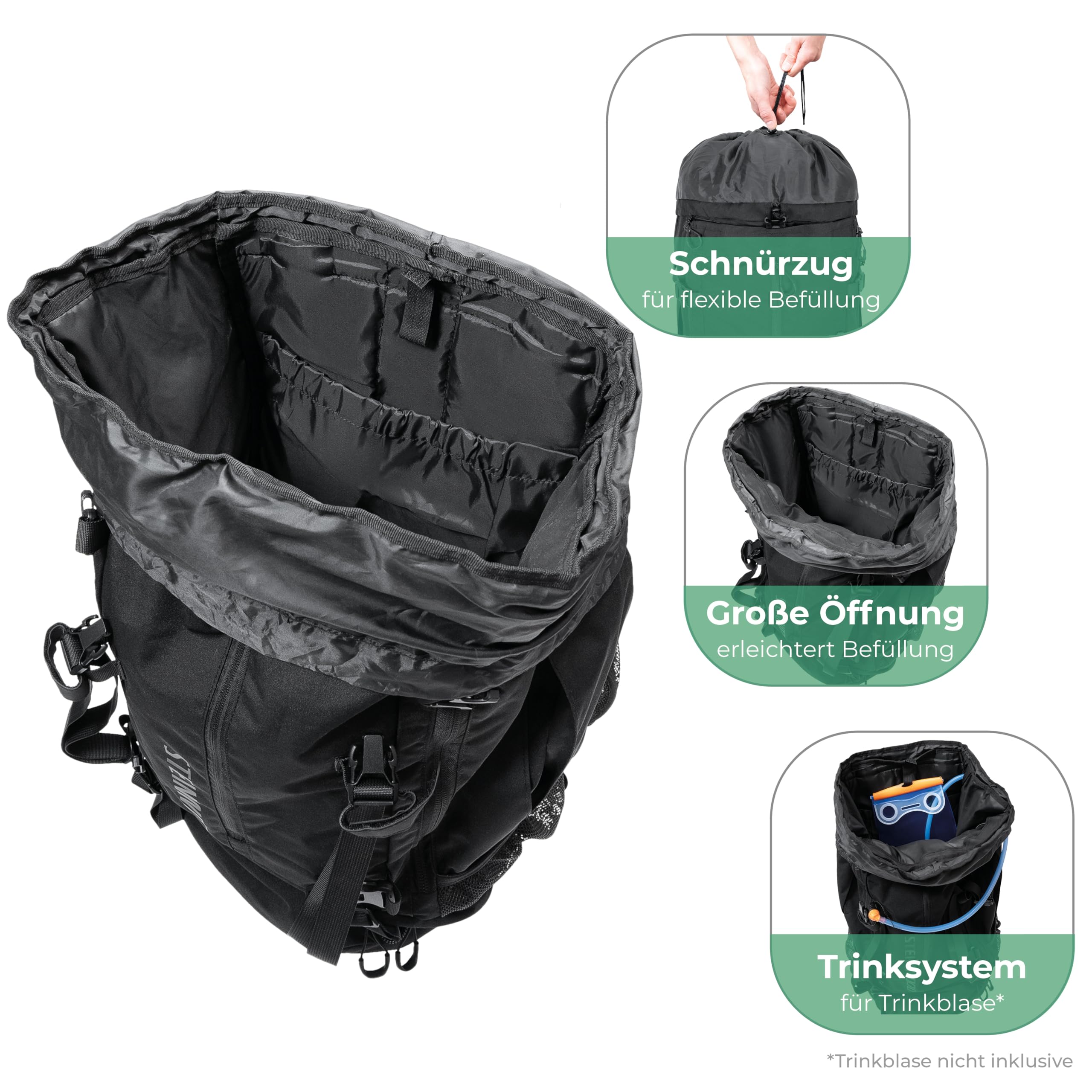 Steinwood Trekkingrucksack 70L (neu 2024), Wanderrucksack, Backpacker-Rucksack, Reiserucksack, wasserabweisend mit Regenhülle, schwarz