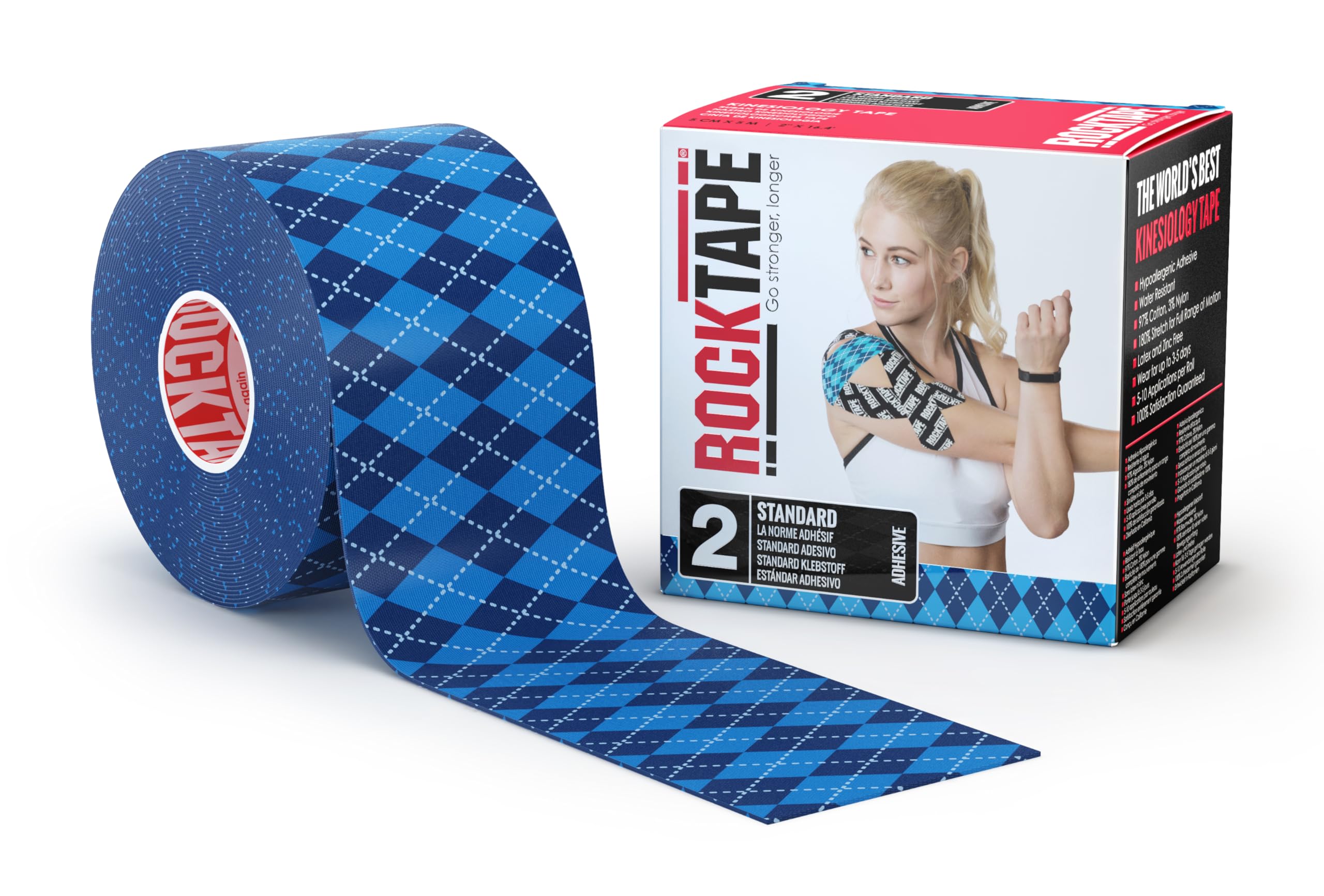 Rocktape Kinesiology Athletes Tape Water Resistant, Reduce Pain & Injury Recovery, 5 cm x 5 m, Uncut, Argyle Blue