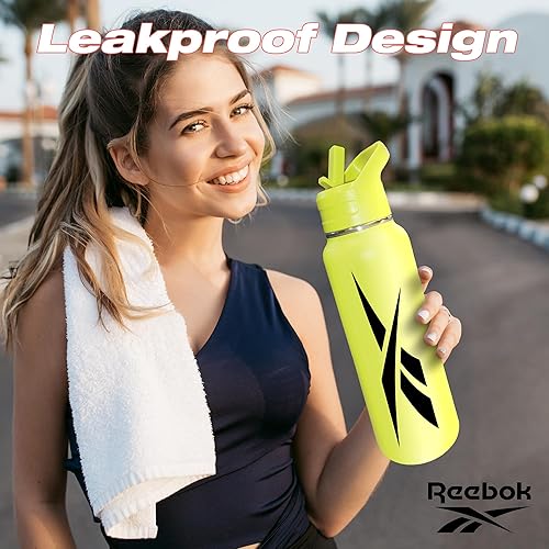 Miniatura 3 de Reebok Botella de agua de acero inoxidable con tapa de popote y diseño atlético, 32 onzas, botella de agua deportiva aislada al vacío de doble pared