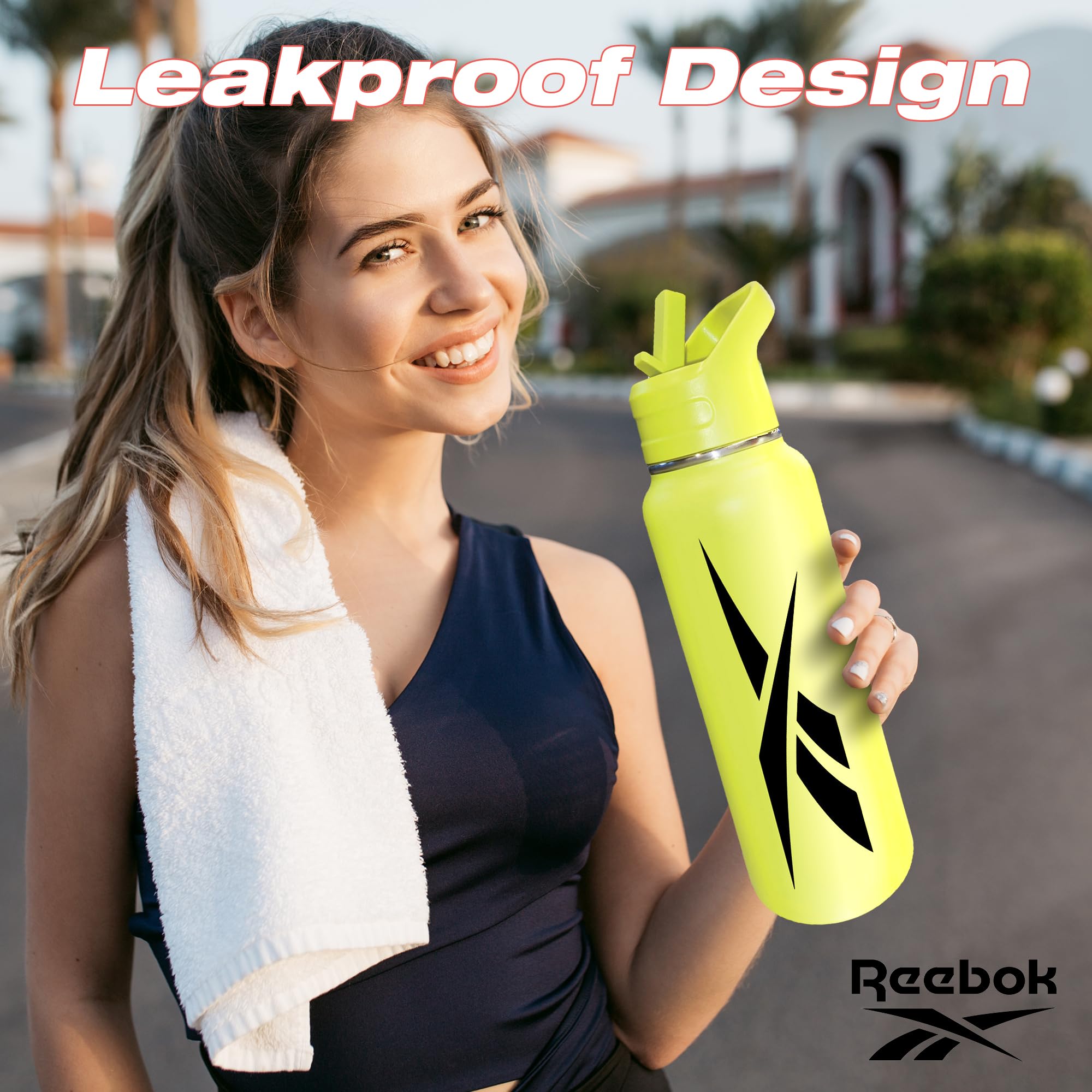 Reebok Edelstahl-Wasserflasche mit Strohhalm-Deckel und sportlichem Design, doppelwandig, vakuumisoliert, Sport-Trinkflasche mit Strohhalm, BPA-frei, 900 ml, Gelb mit schwarzem Vektor