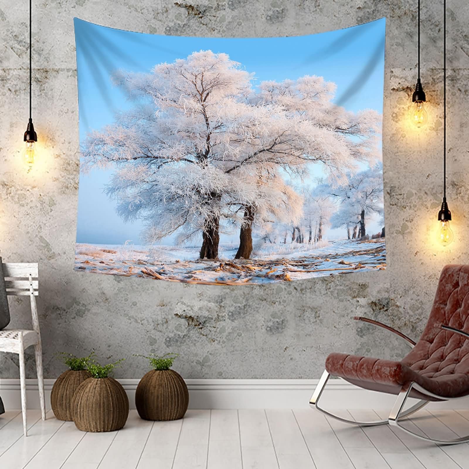 Homxi Wandteppich Landscape 260 W x 240 H CM, Schneebaumlandschaft, Polyester Wandtücher Decor, Blau Beige Braun