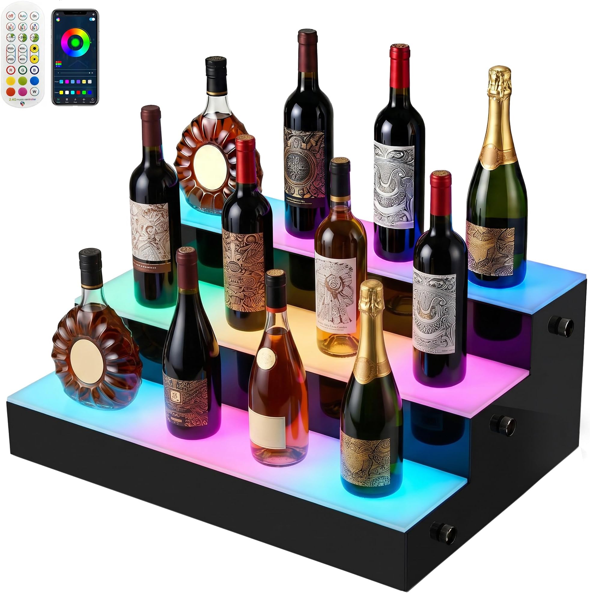 LED Lighted Liquor Bottle Display Shelf, 3 Tiers 15.7" Acrylic Alcohol Whiskey Rack with RF Remote for Home Bar, 255 Modes 16Static Colors 1-3H Timing, Lighted Shelf for 15 Bottles
