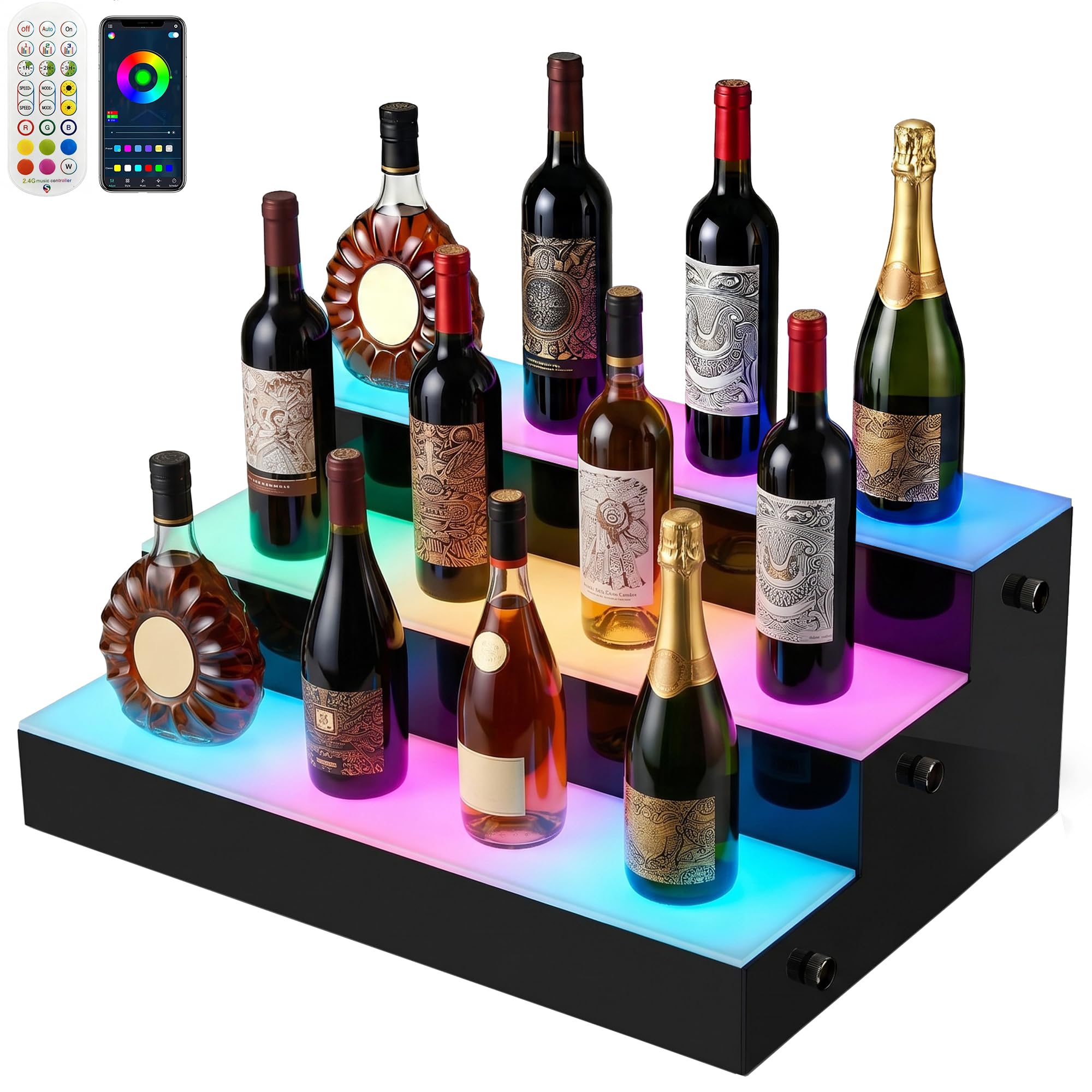 LED illuminato bottiglia di liquore display scaffale, 3 livelli 14,6 pollici, acrilico alcol whisky rack con telecomando RF per la barra di casa, 18 modalità 9 colori statici (3 Livelli)