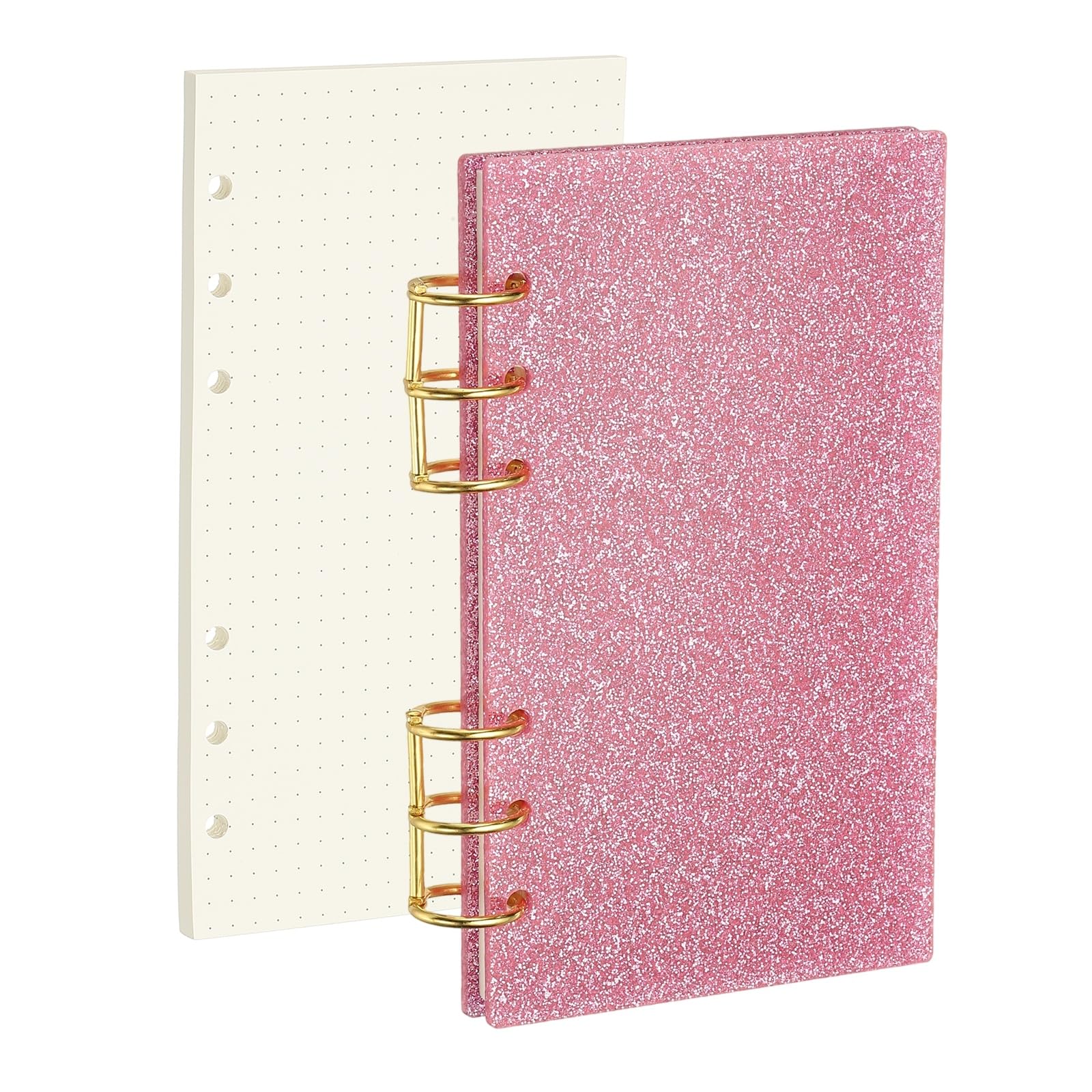 PATIKIL 6 Ring Binder Notebook Cover, A6 Glitter Acrylic Binder Notebook 2 Gold Metal Round Rings with 90 Sheets Dot Inner Papers for Travel Office Planner Budget, Pink
