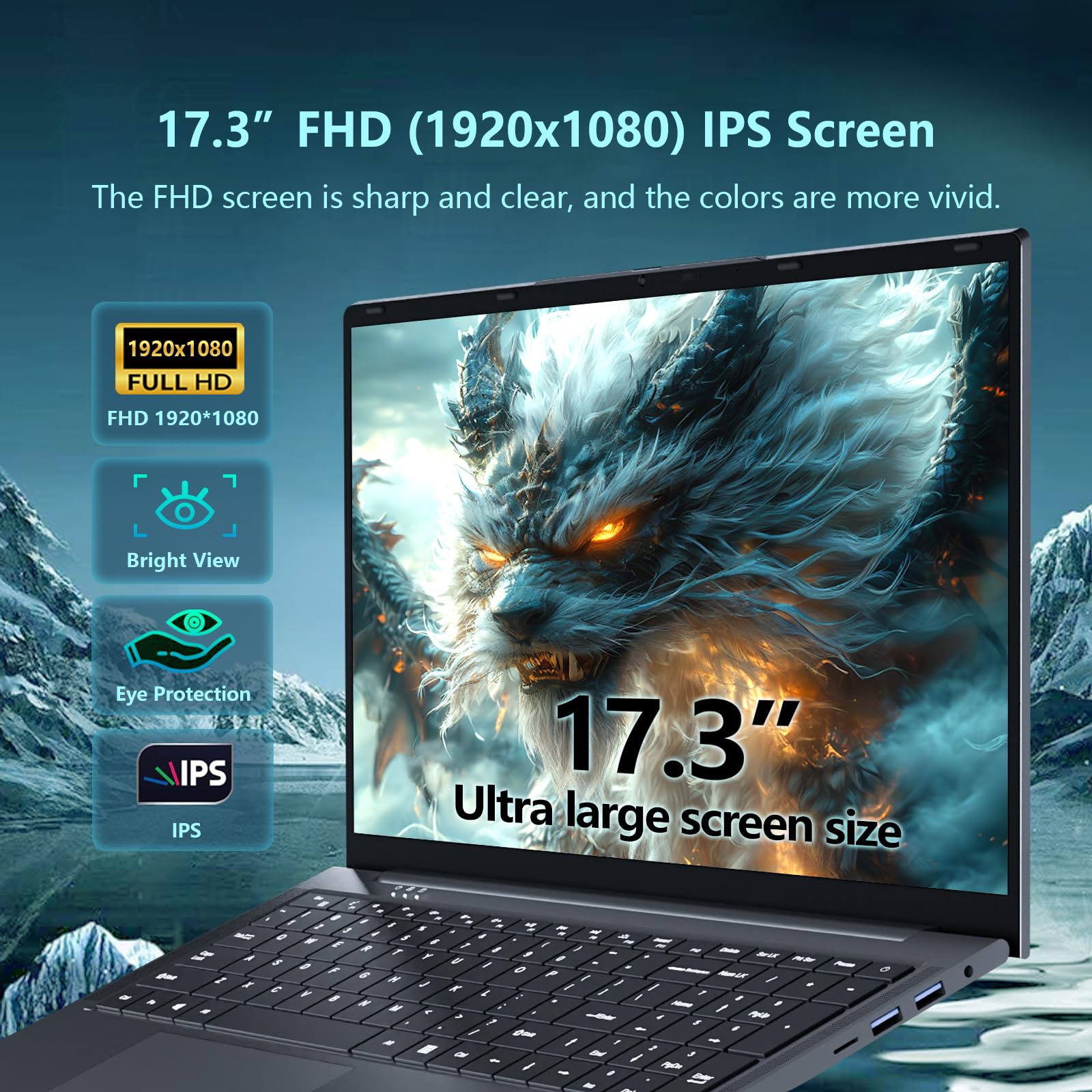 17,3 Pouces Ordinateur Portable, Win 11 PC Portable 16Go RAM DDR4 512Go SSD, CPU Twin Lake-N150, Clavier Rétro-éclairé Laptop 1980 * 1080P Écran, Mini-HDMI+USB3.0+BT4.2+Webcam+6000mAh Battery