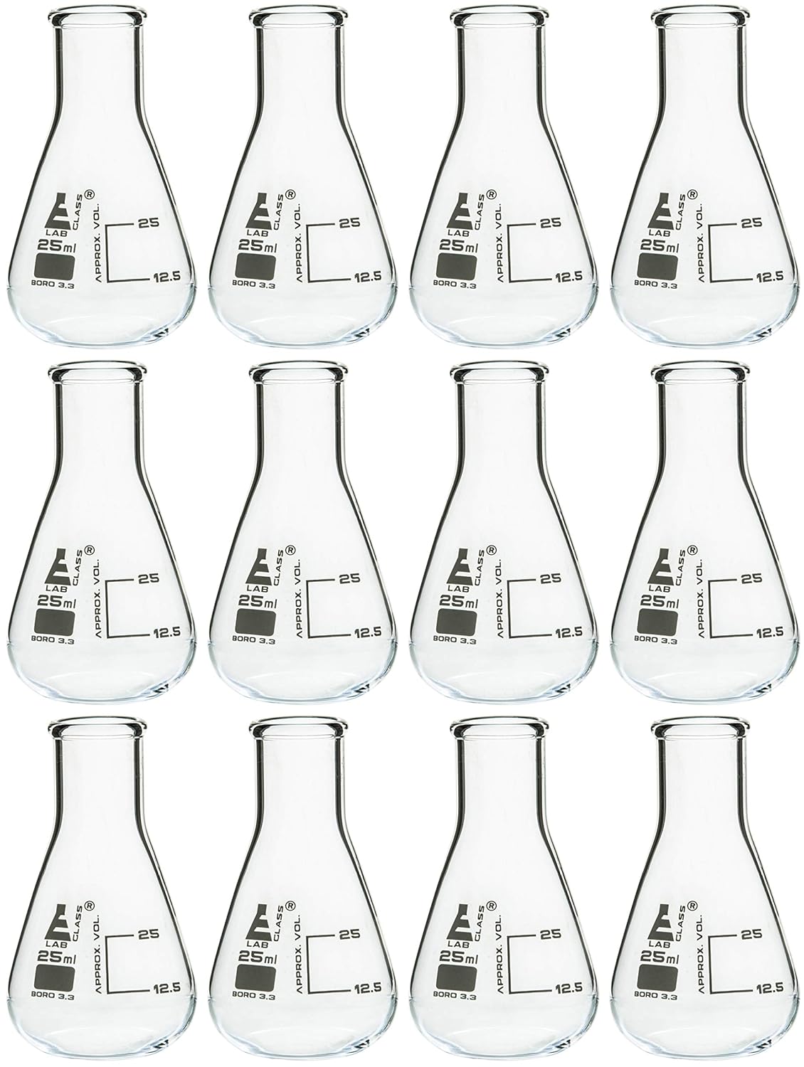 EISCO 12PK Erlenmeyer Flasks, 25mL Borosilicate Glass Narrow Neck