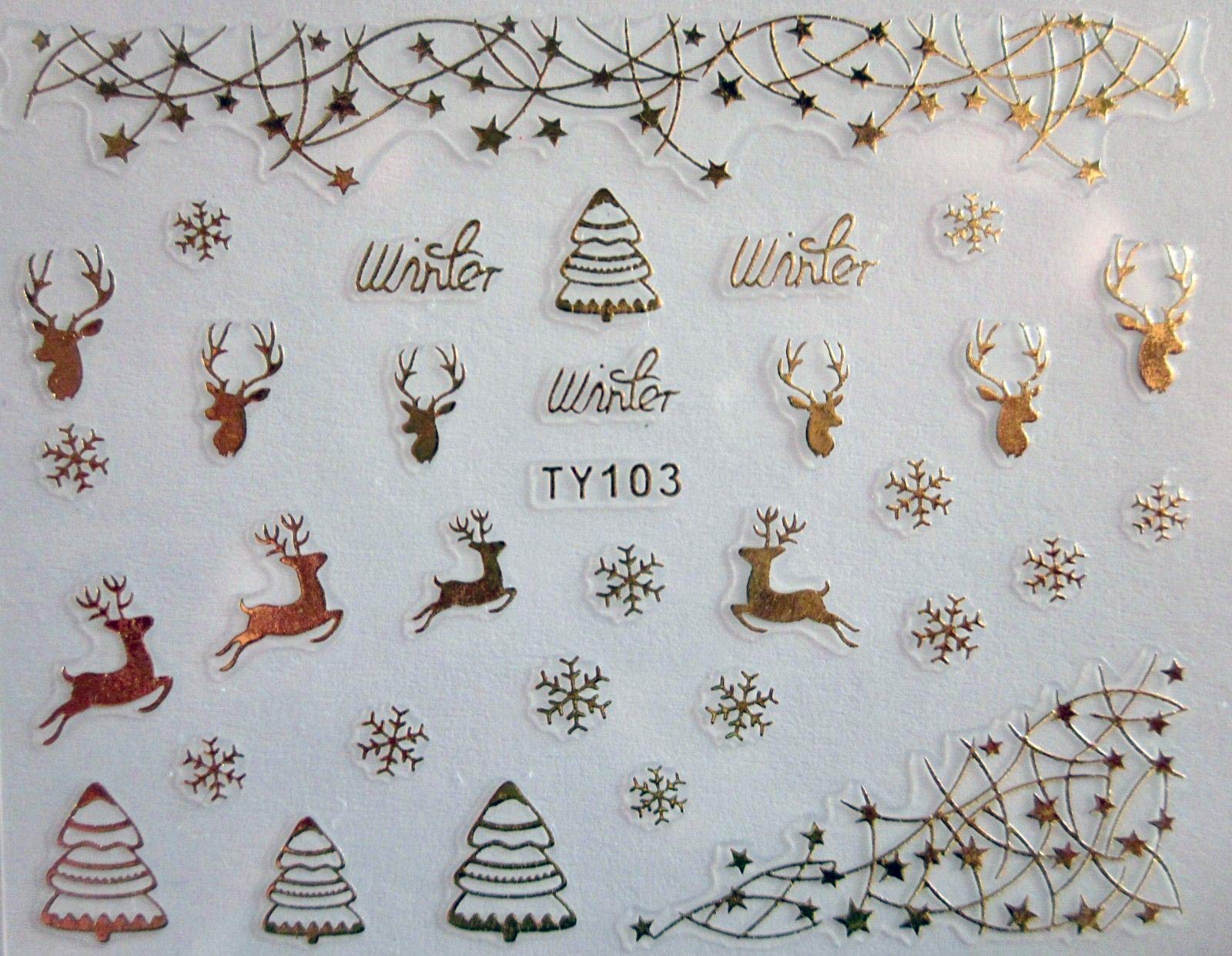 Kcg Trading Ty103 Gold Snowflakes Stars Reindeer Trees Nail Art 3D Stickers - Christmas Gold & Silver (Ty103 Gold Snowflakes Stars Reindeer Trees)
