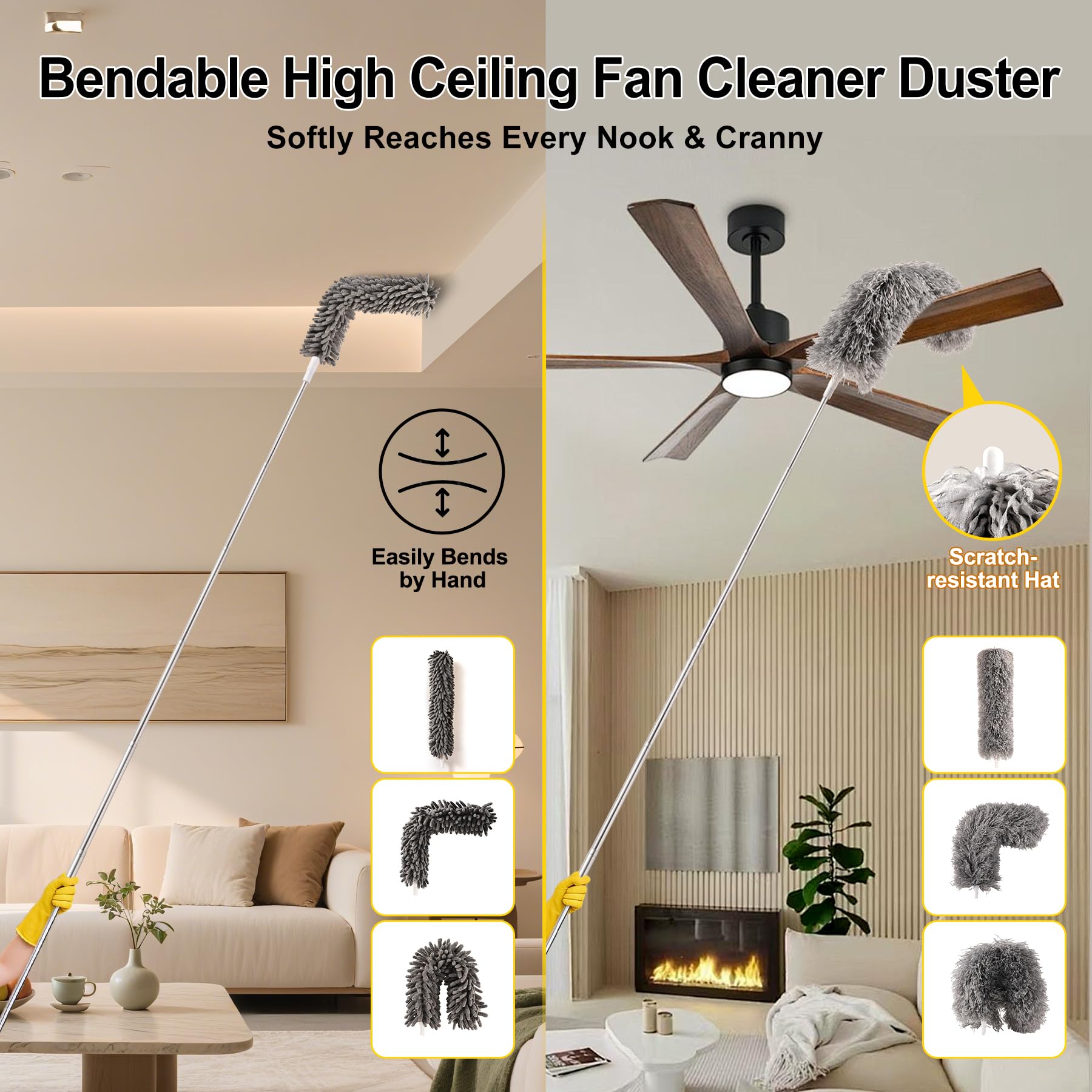 Tiumso Plumero de microfibra 5 en 1, plumero para limpieza, plumero con poste de extensión de 100 pulgadas, plumero de telaraña, plumero de microfibra para techos altos y ventiladores, persianas,