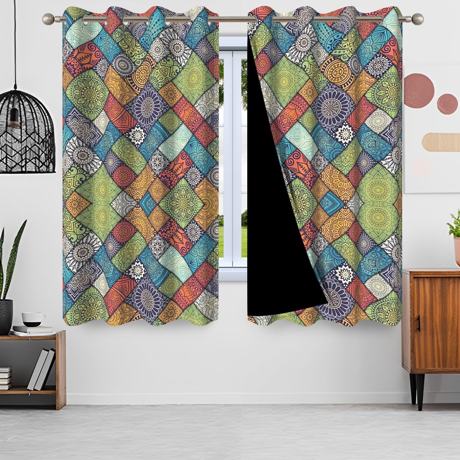 ggaimwf 42"x 63" Boho Patchwork Eyelet Curtain Retro Moroccan Colorful Ethnic Bohemian Mandala Pattern Insulated Thermal Grommet Blackout Window Drapes for Bedroom Living Room Kitchen,2 Panels - Image 4