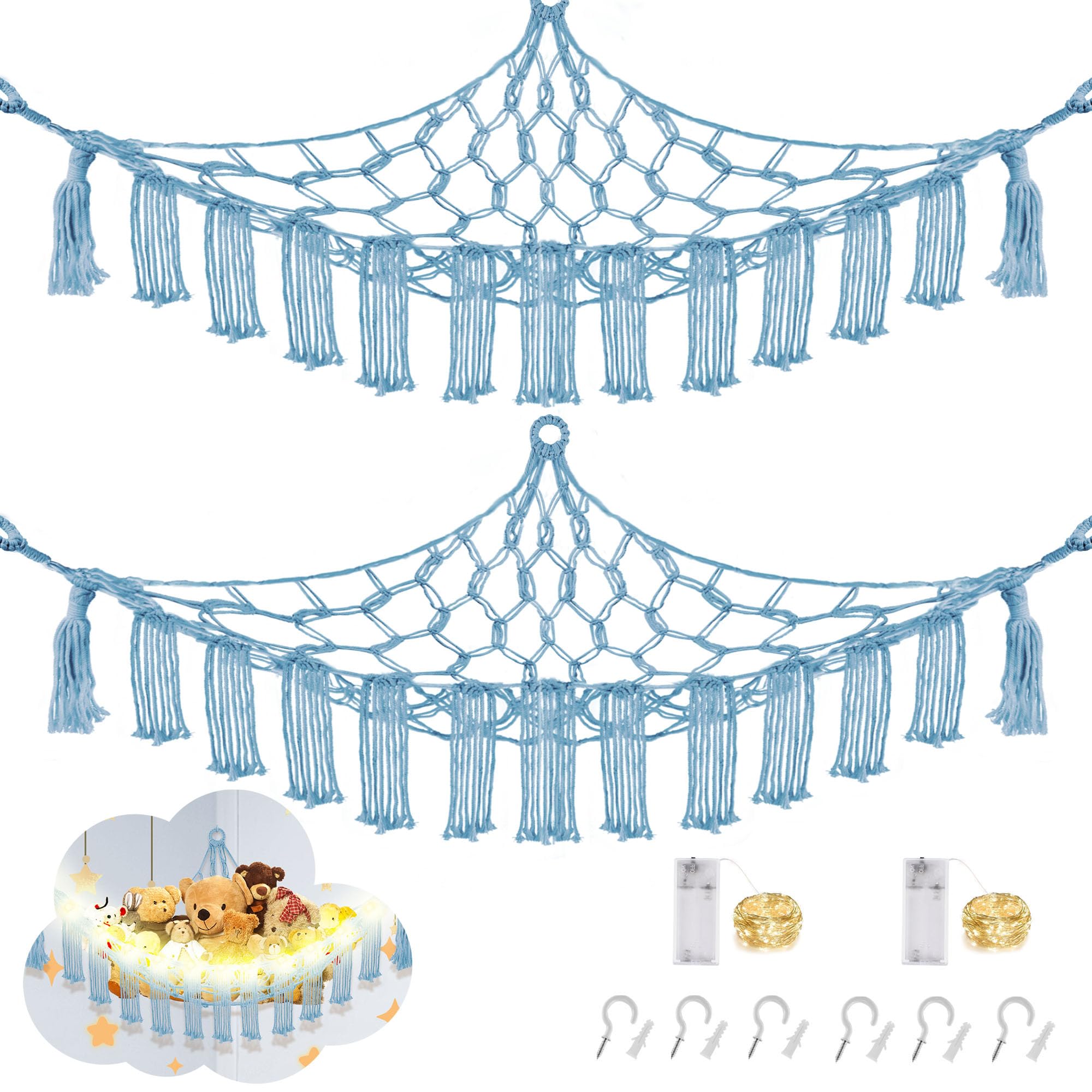 CERETIA Stuffed Animal Hammock Corner Plushie Net Storage, 2 Pack Baby Blue