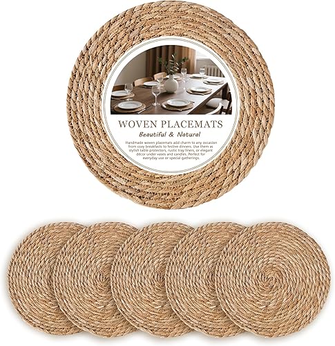 Juego de 6 manteles individuales redondos tejidos de 12.5 pulgadas, manteles individuales de ratán natural, cargadores bohemios para platos de cena,