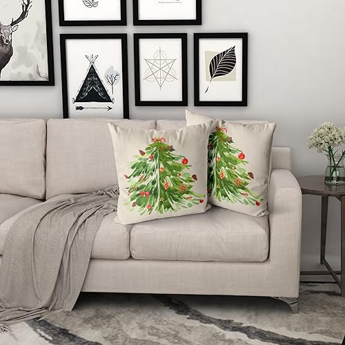 Miniatura 6 de Kawani Juego de 2 fundas de almohada cuadradas decorativas con diseño de árbol de Navidad en acuarela de 20 x 20 pulgadas, fundas de almohada