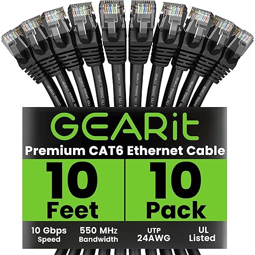 GEARit Cat 6 Ethernet Cable Pack – 10-Pack 10 ft Cat6 Ethernet Patch Cables | RJ45 Network Patch Cable, 10 Gbps Snagless Gold-Plated Connectors – Ethernet Cable Cat 6 for PC, TV, Router – Black