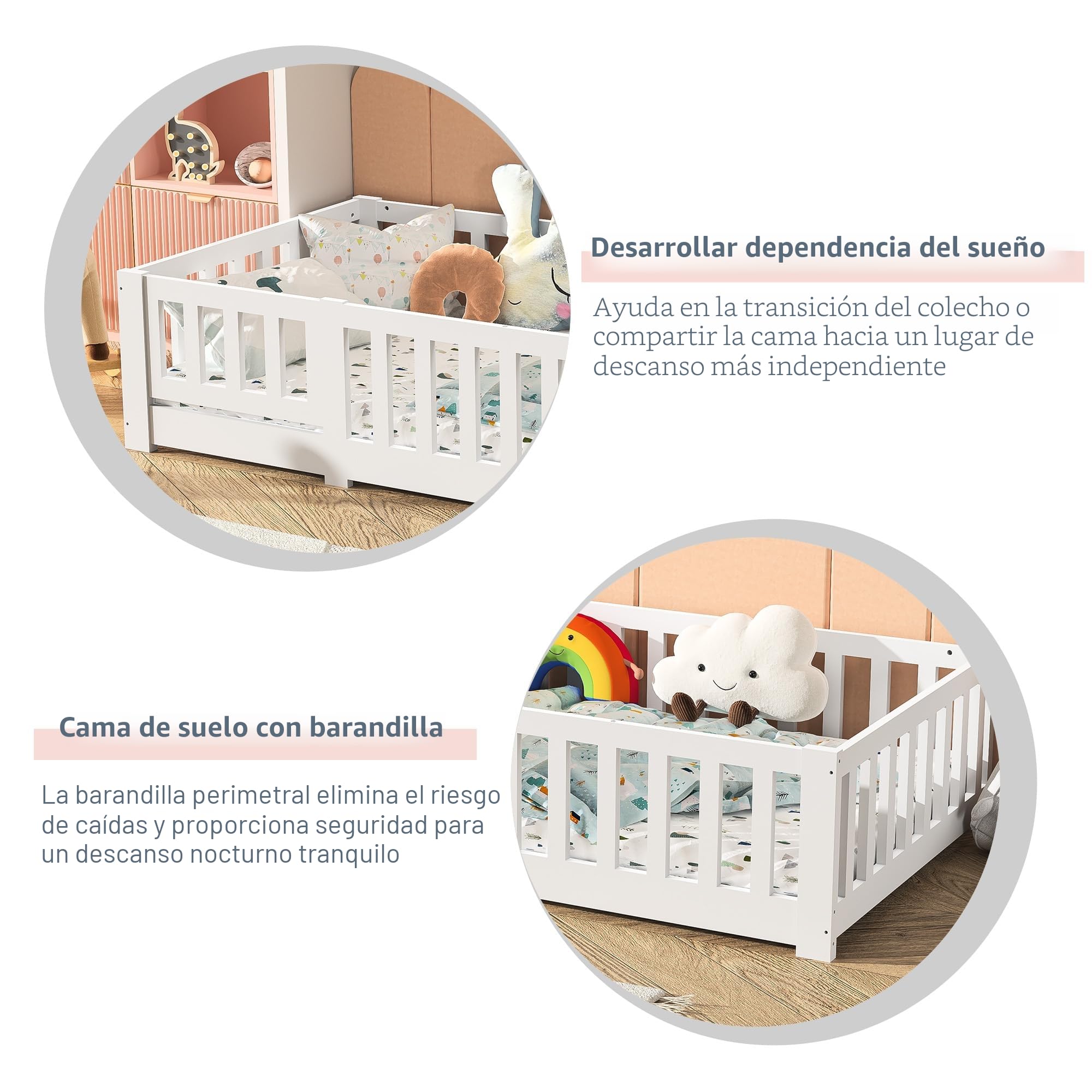 Cama Montessori Infantil 90x200 de Madera Maciza, Cama Suelo con Barandilla de Seguridad, Montessori Camas para Niños y Niñas, Cama Infantil Baja para Dormitorio Infantil, Blanco