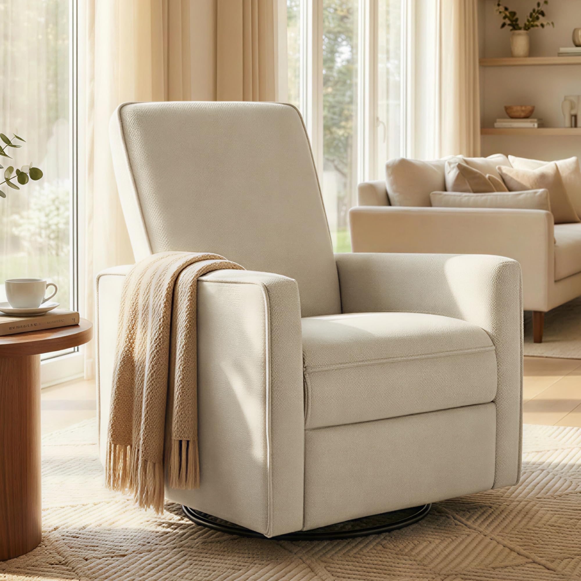 swivel rocker recliner chair, nursery glider recliner manual rocking comfy upholstered fabric reclining single sofa for nursery bedroom living room (2 boxes)