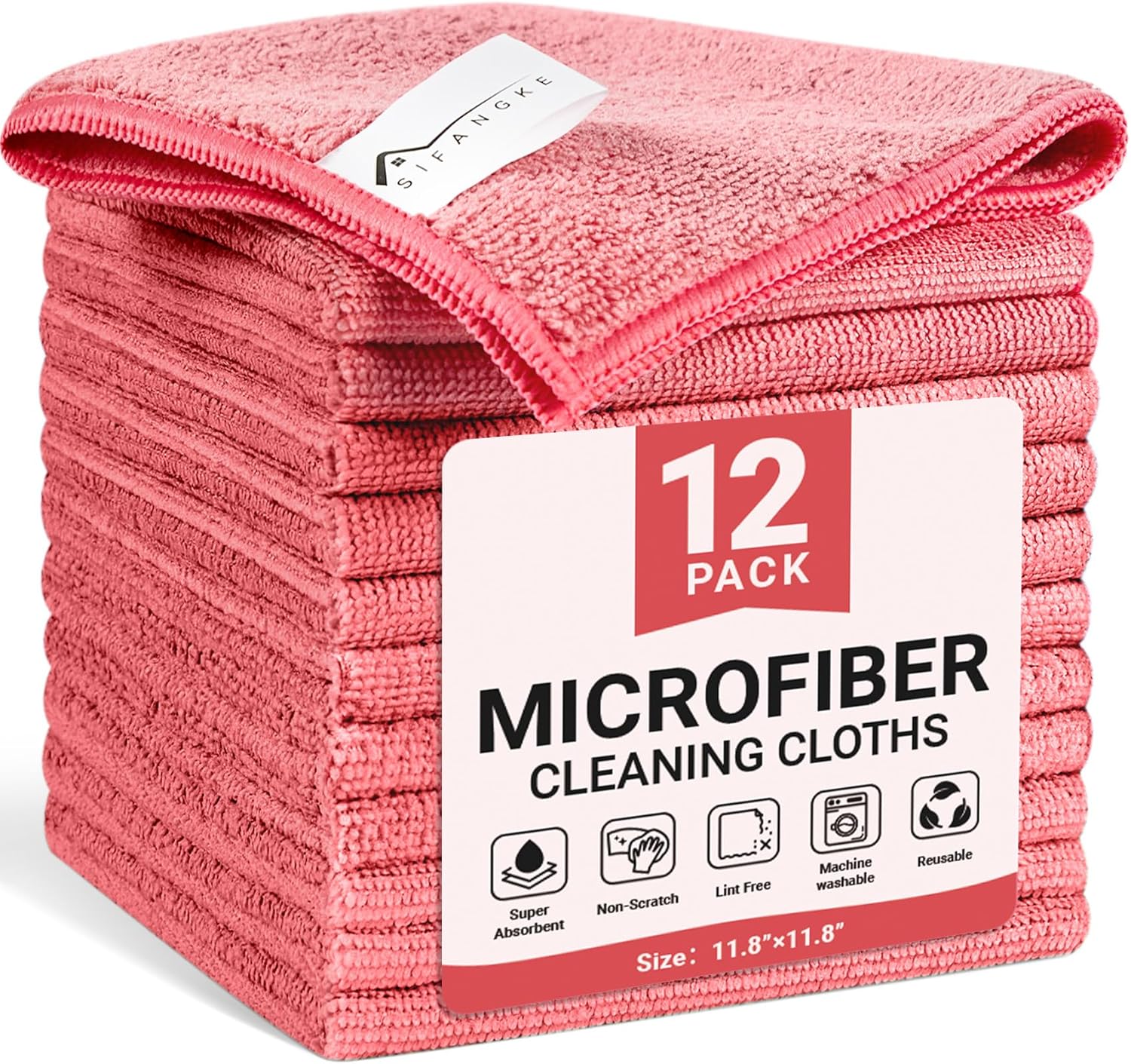 Microfiber Cleaning Cloth, 12 Pack Pink Cleaning Rags for Housekeeping, Reusable Microfiber Towels for Car, Kitchen, Bathroom and Household Cleaning Supplies, 11.8″X11.8″