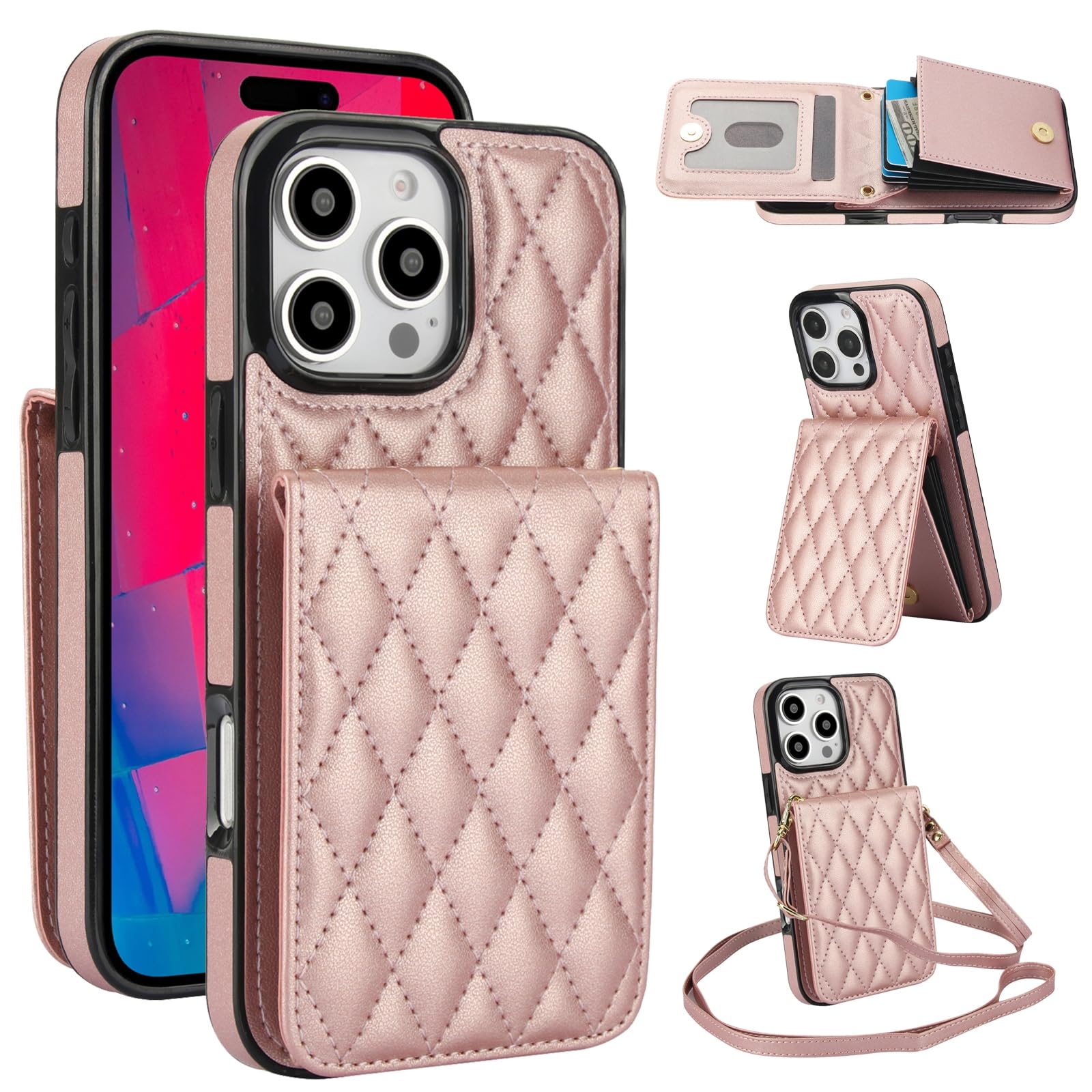 Rhombic Texture Card Bag Phone RFID Case with Lanyard for iPhone 16 Pro Max (Rose Gold)