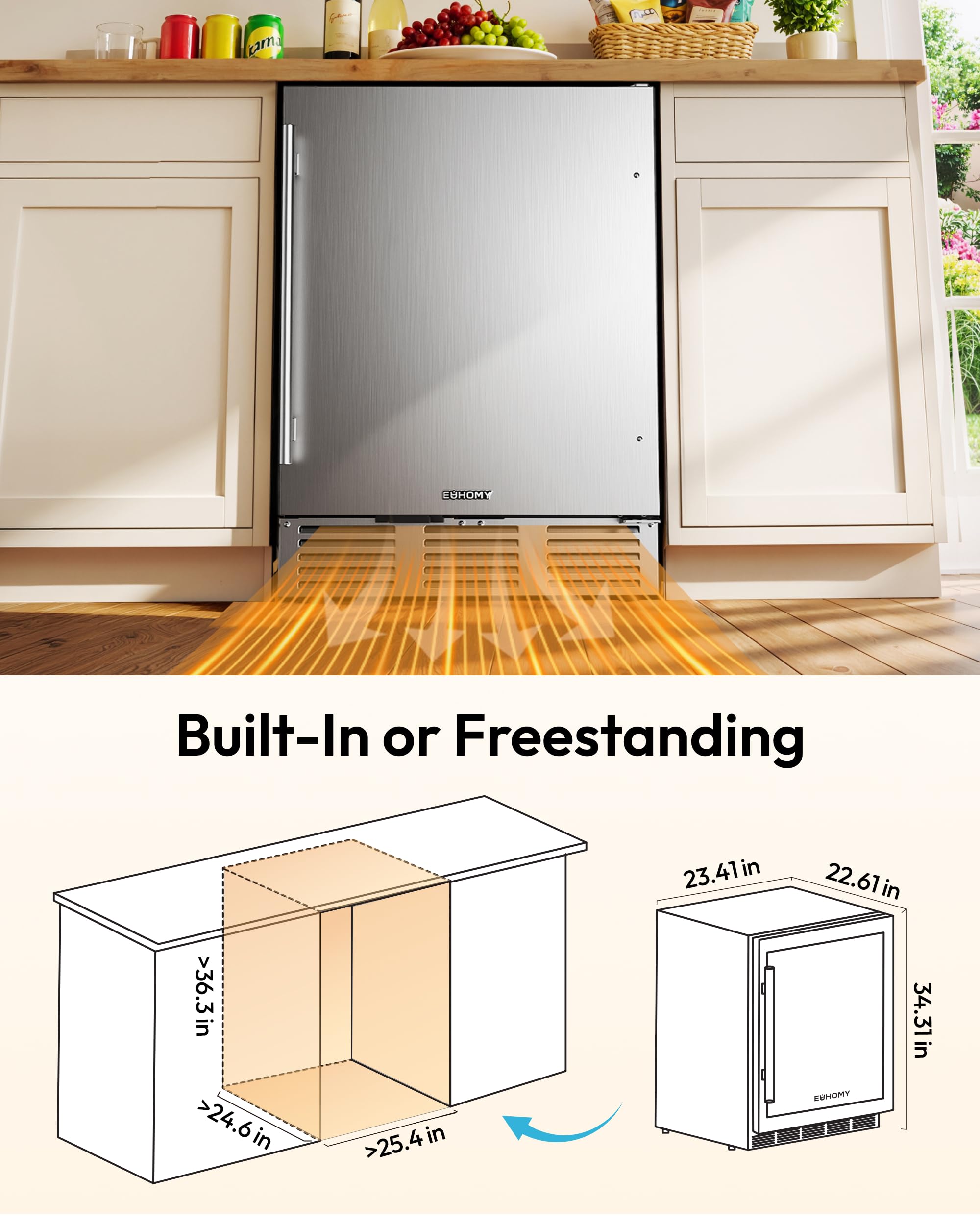 Euhomy 24 Inch Beverage Refrigerator, Undercounter Beverage Fridge 180 Can With Stainless Steel Door For Home Patio, Beverage Cooler Built-In Or Freestanding, Outdoor Refrigerator For Soda Beer Wine on Fridge.com - View 6