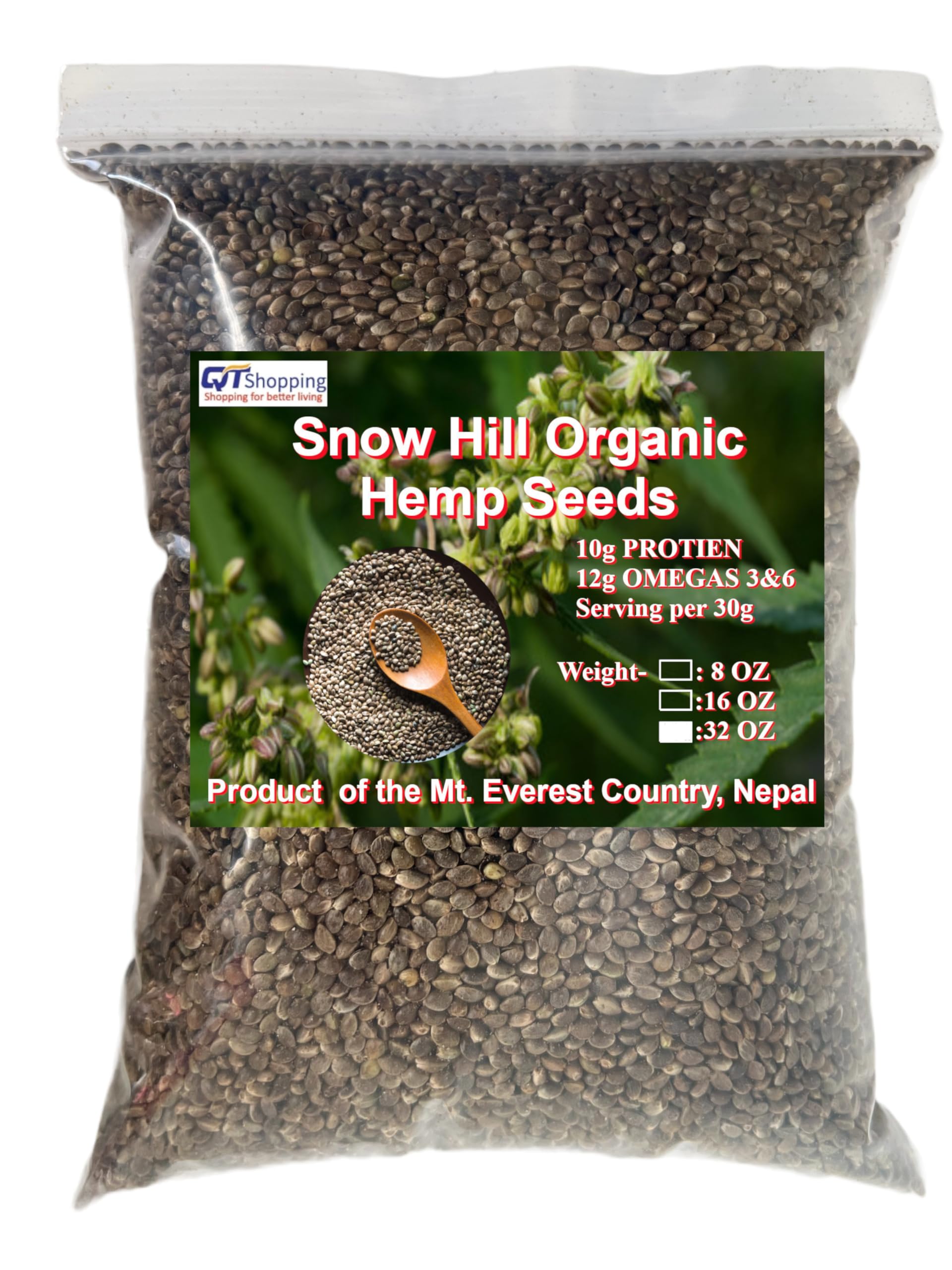 Organic Raw Hemp Seeds, 32 Oz, 10g Plant Protein & 12g Omegas per Serving, Gluten-Free Non-GMO Keto Friendly, Snow Hill Himalayan Shelled Hemp Seeds - Grow At Mt. Everest Country, Nepal