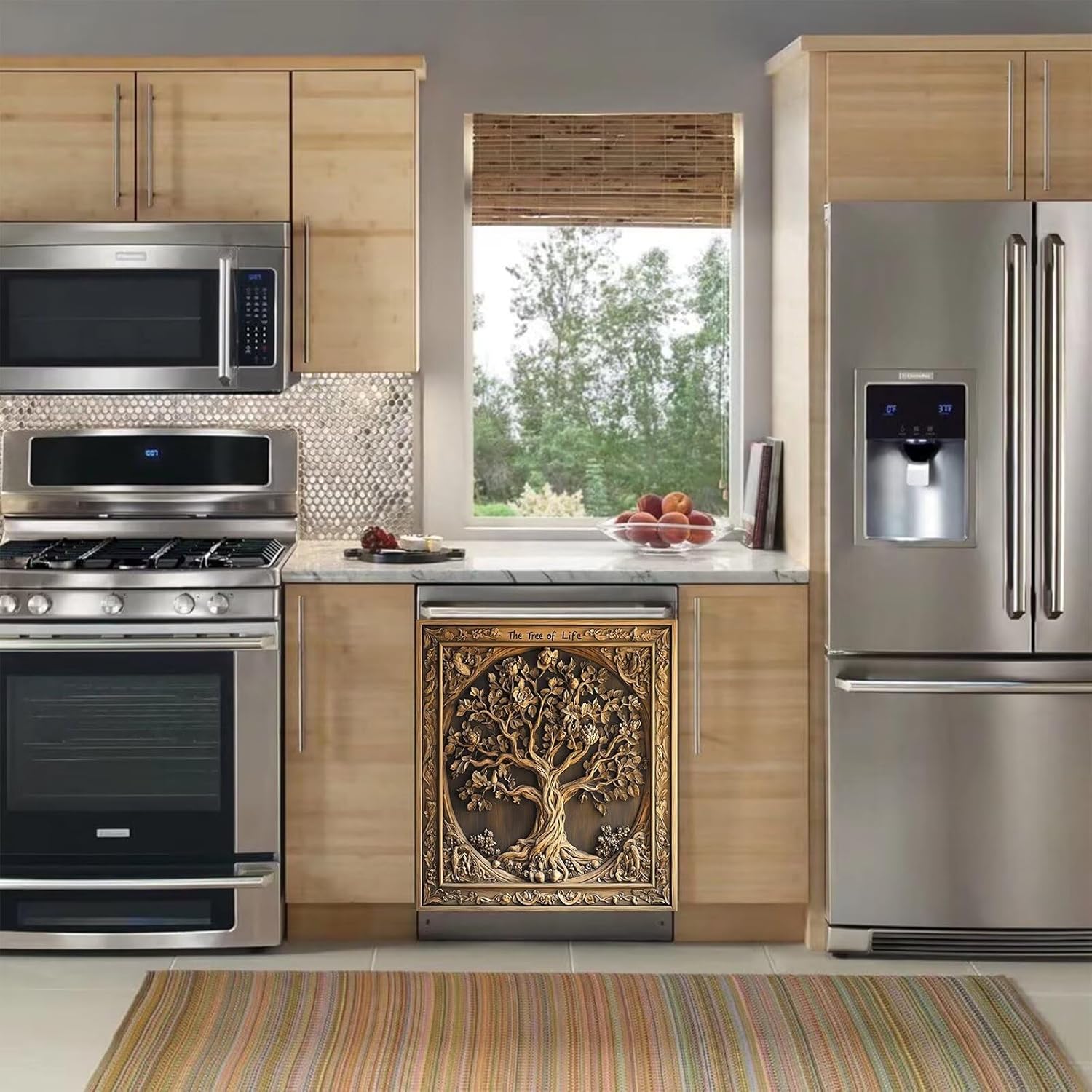 Carved Wooden Tree of Life Dishwasher Magnet Cover Vintage 3D Effect Dishwasher Magnetic Kitchen Art Decor, Magnetic Dishwasher Sticker 23 W x 26 H inches