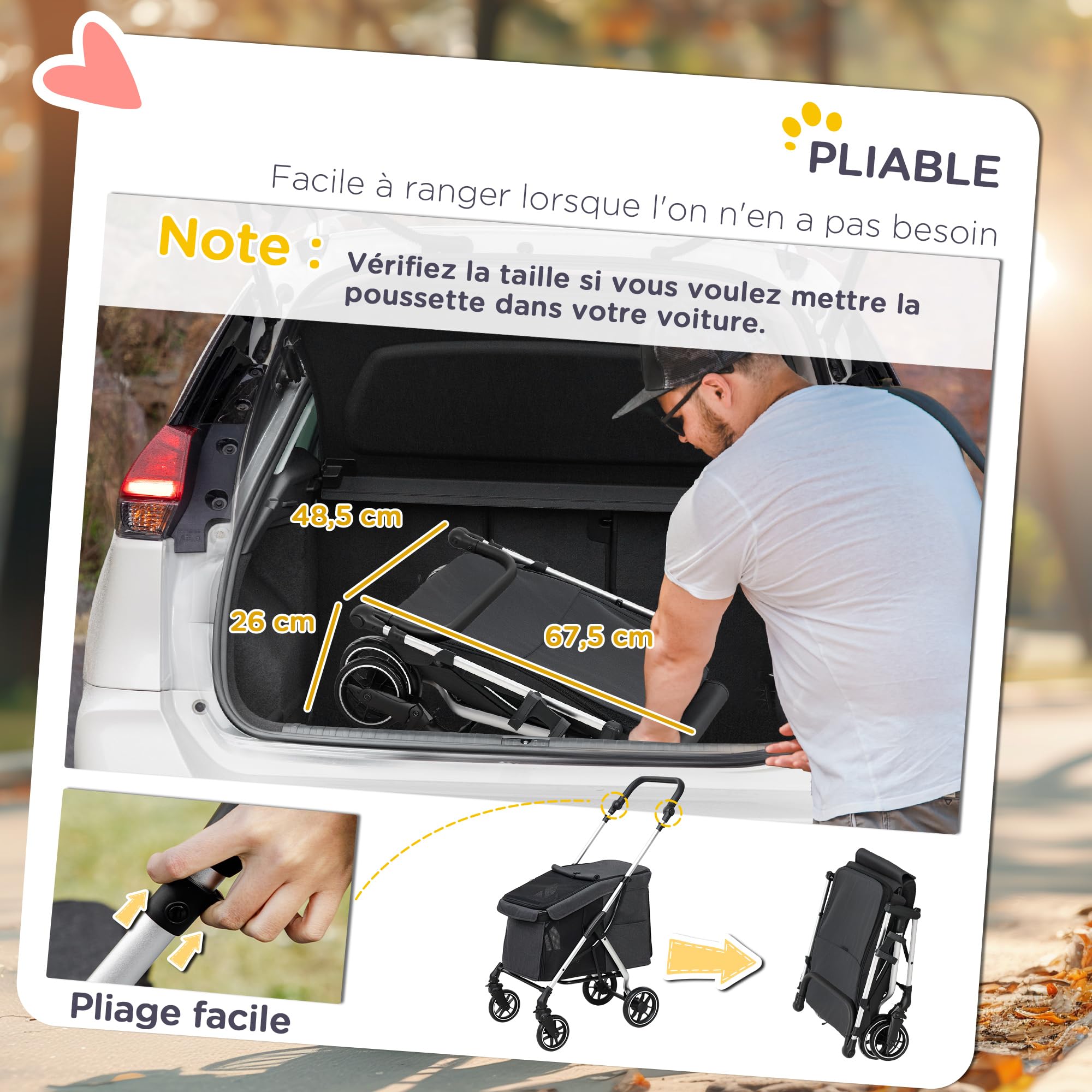 PawHut Poussette buggy pliable pour chien, porte-gobelets, laisse de sécurité, roues avec frein à 360°, fenêtre à mailles, alliage d'aluminium, chariot pour chien chat petit et miniature, gris