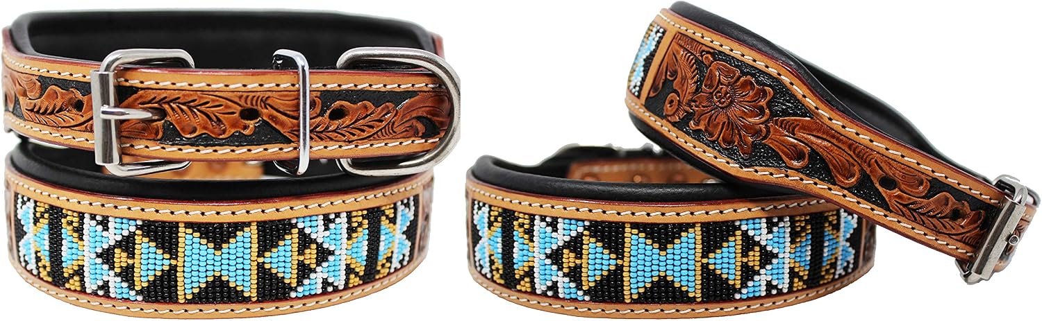 Large 21''- 25'' Hand Tooled Beaded Padded Leather Dog Collar 60125