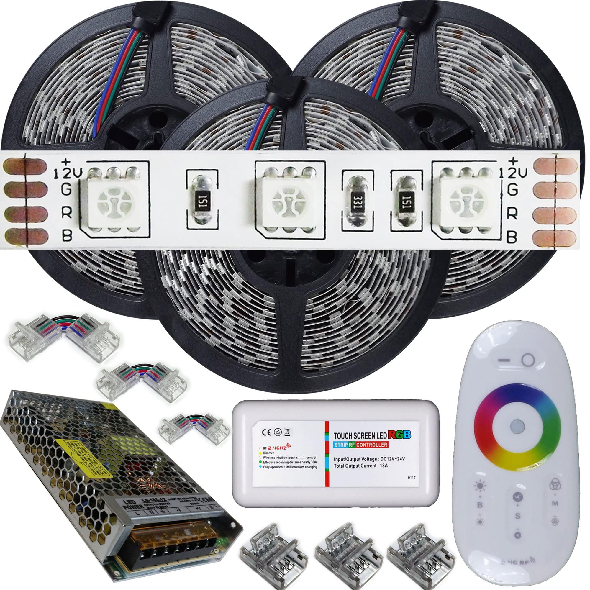 Strip Led RGB 12v (Kit da-15mt(3Bobine+1Trasf.+1Controller), 12W RGB ip20 12V)