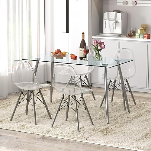 Miniatura 5 de Tangkula Mesa de comedor de cristal, mesa rectangular moderna con mesa de vidrio templado y patas de acero plateado, mesa versátil de cocina simple
