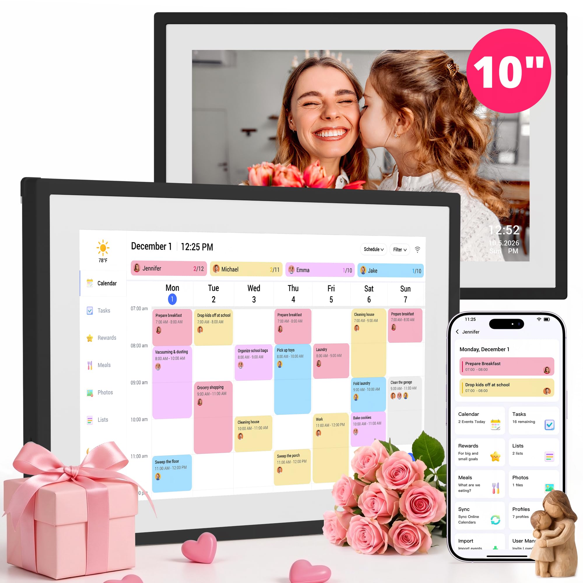 Calendario digitale da 25,4 cm, touch screen, calendario elettronico e grafico delle attività per pianificatore familiare mensile/settimanale, calendario intelligente interattivo con premi