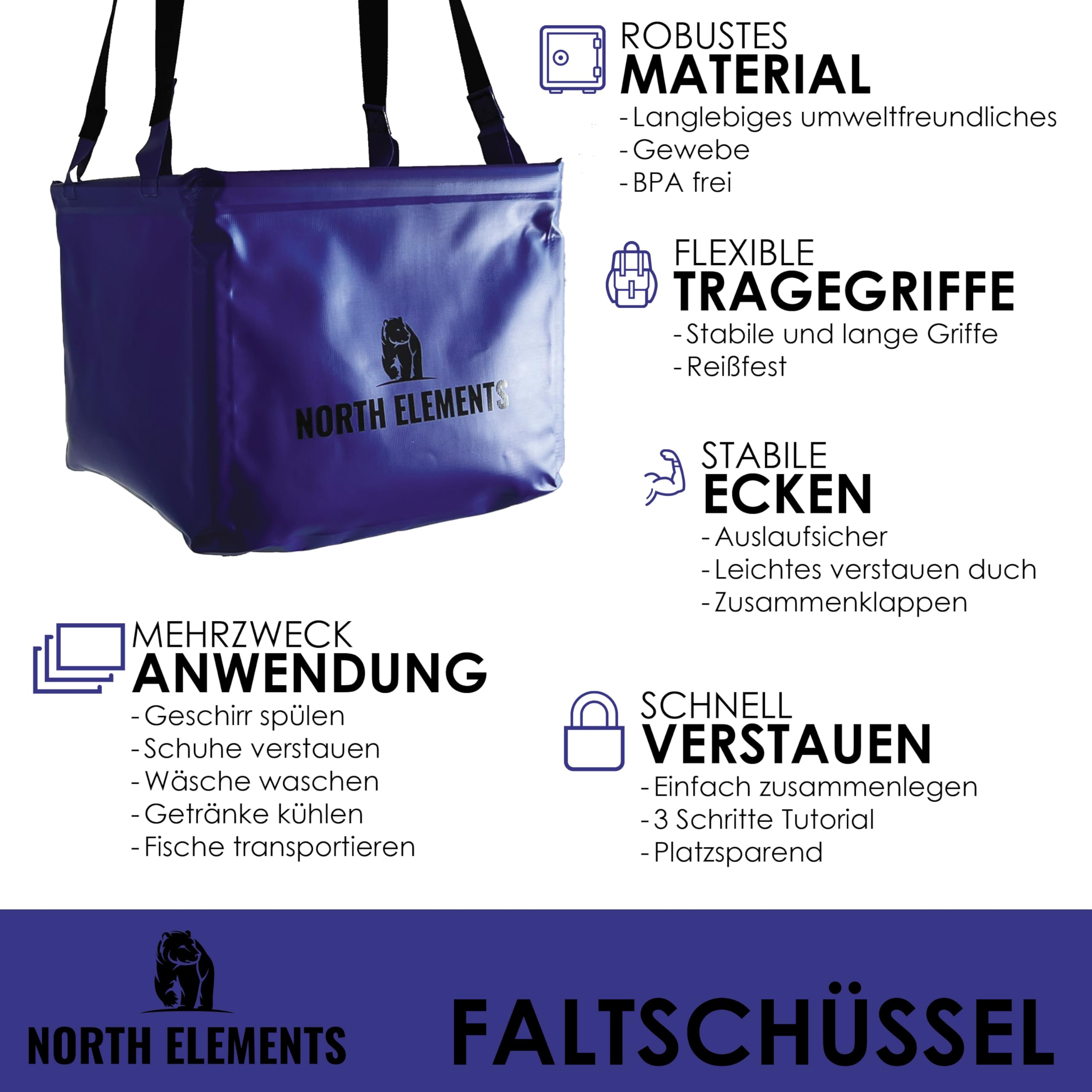 North Elements Bassine pliable 20 l | Bassine de camping pliable en tissu de bâche robuste | Utilisation polyvalente comme bac à vaisselle ou seau | Parfait pour le camping et l'extérieur (bleu)