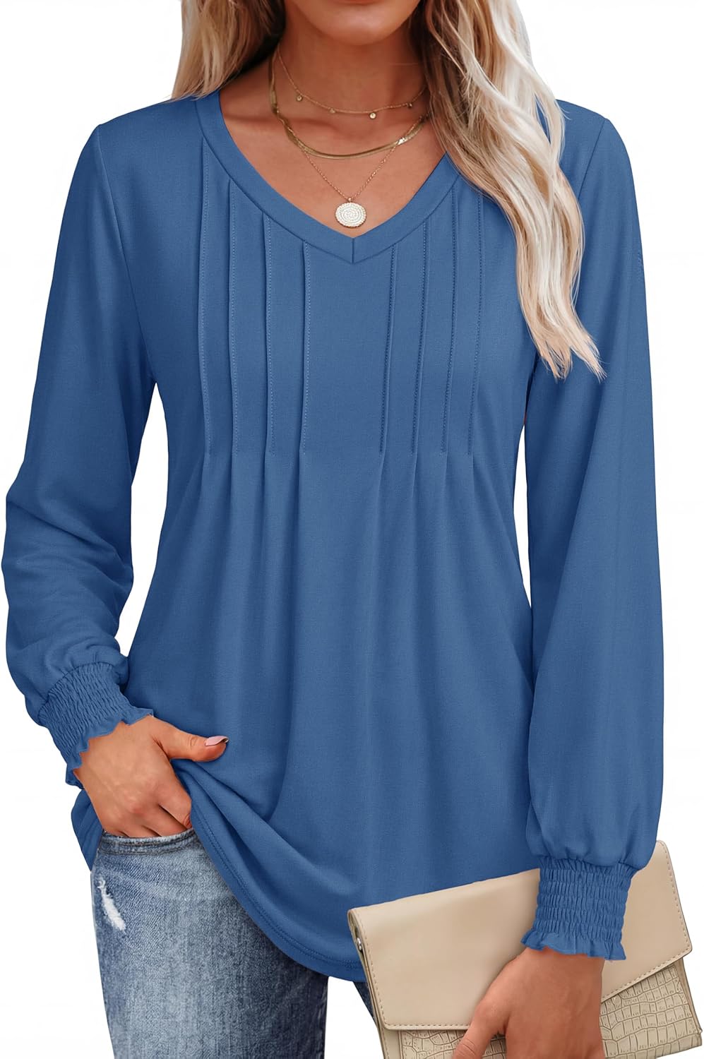YUCOLEN Womens Long Sleeve Shirt V Neck T Shirts Pleated Dressy Casual Blouses Ruffle Cuffs Loose Tunic Tops