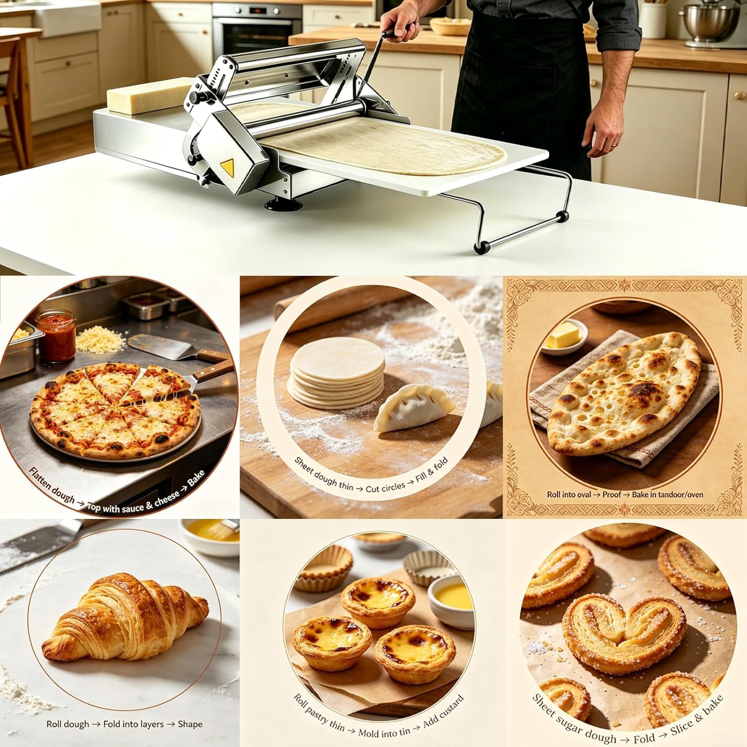 Sfogliatrice Elettrica Professionale per Pasta - Spessore Regolabile (2-30 Mm) Rullo in Acciaio Inox per Pasta, Croissant E Prodotti da Forno (Versione 22.7) Hand-cranked 12